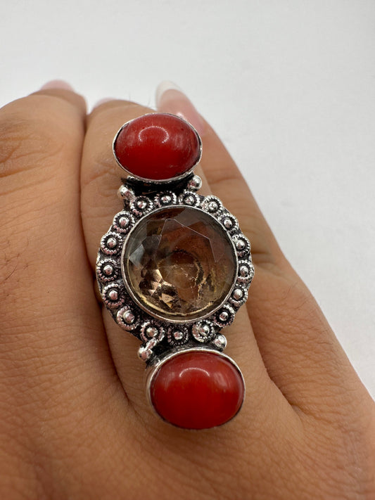 Vintage Red Coral Citrine Boho Ring Size 7