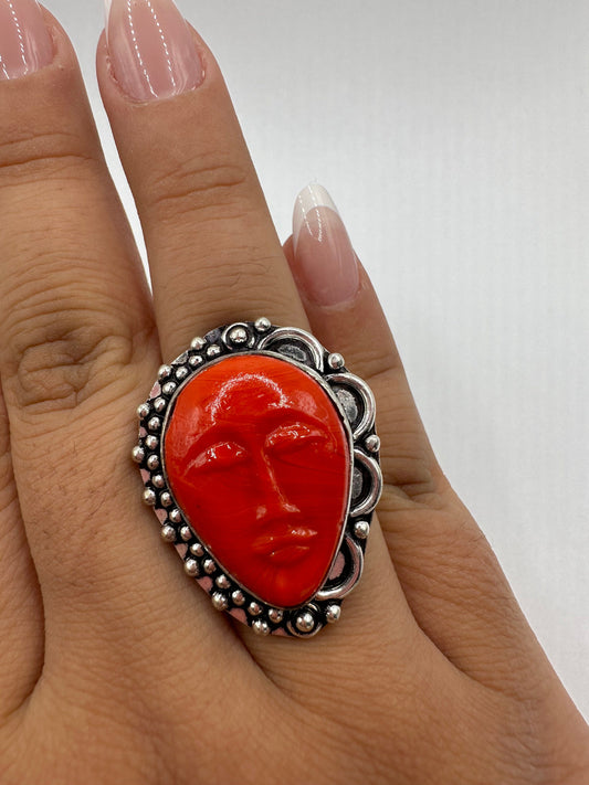 Vintage Red Coral Boho Ring Size 7.75