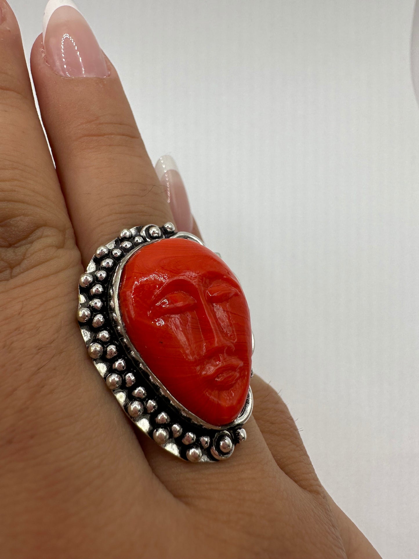 Vintage Red Coral Boho Ring Size 7.75