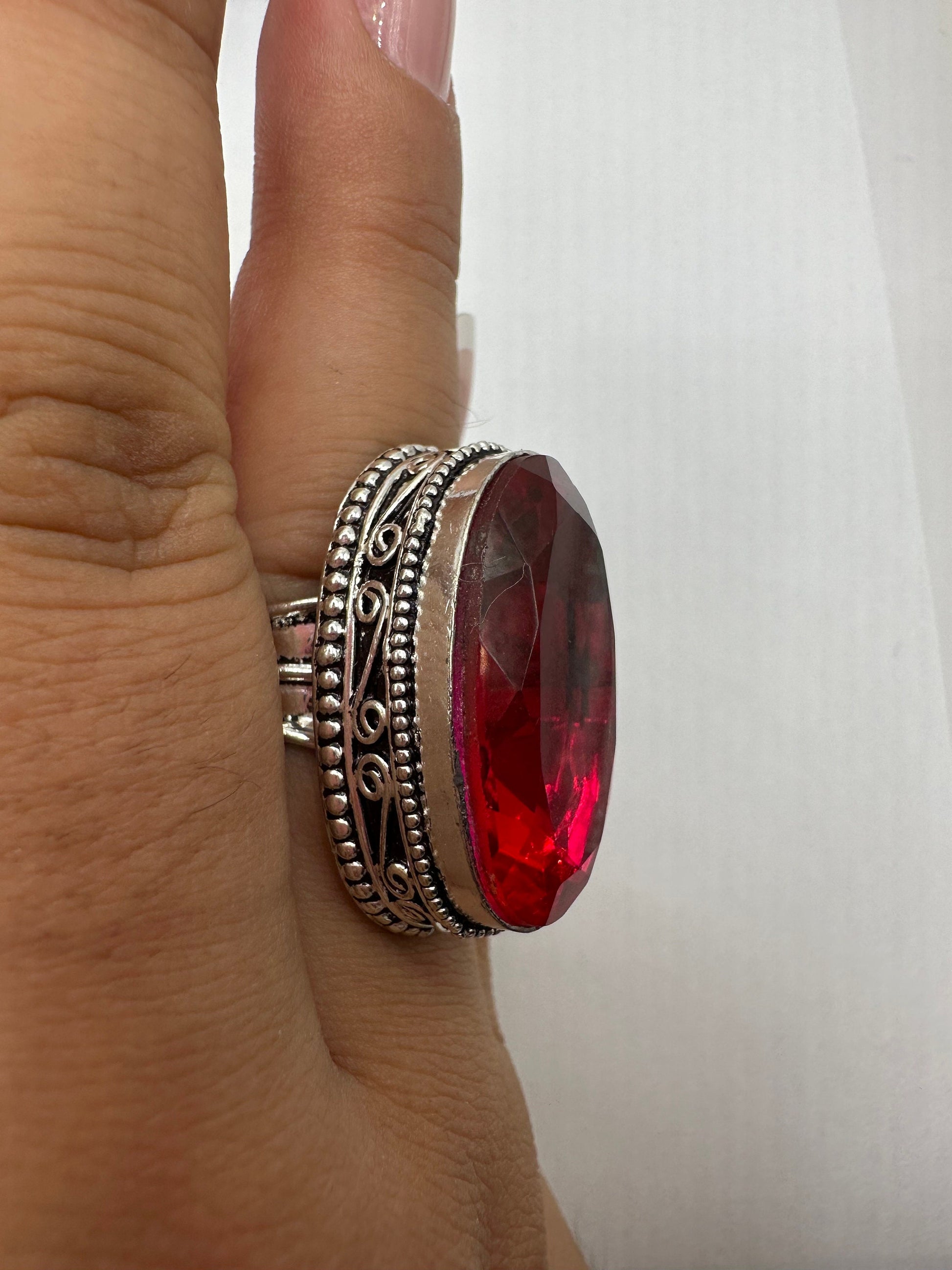 Vintage Red Ruby Glass White Bronze Silver Gothic Ring