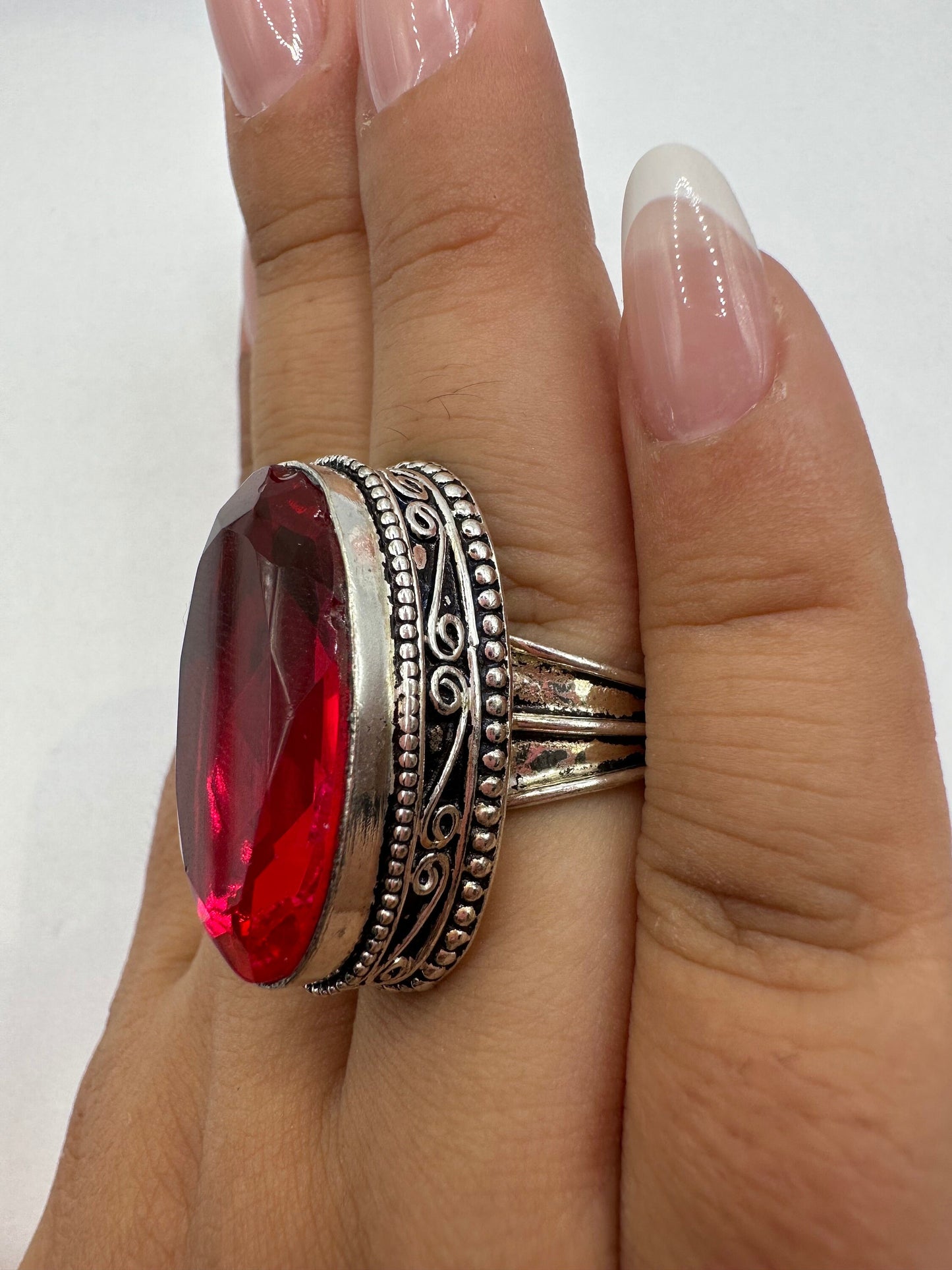 Vintage Red Ruby Glass White Bronze Silver Gothic Ring