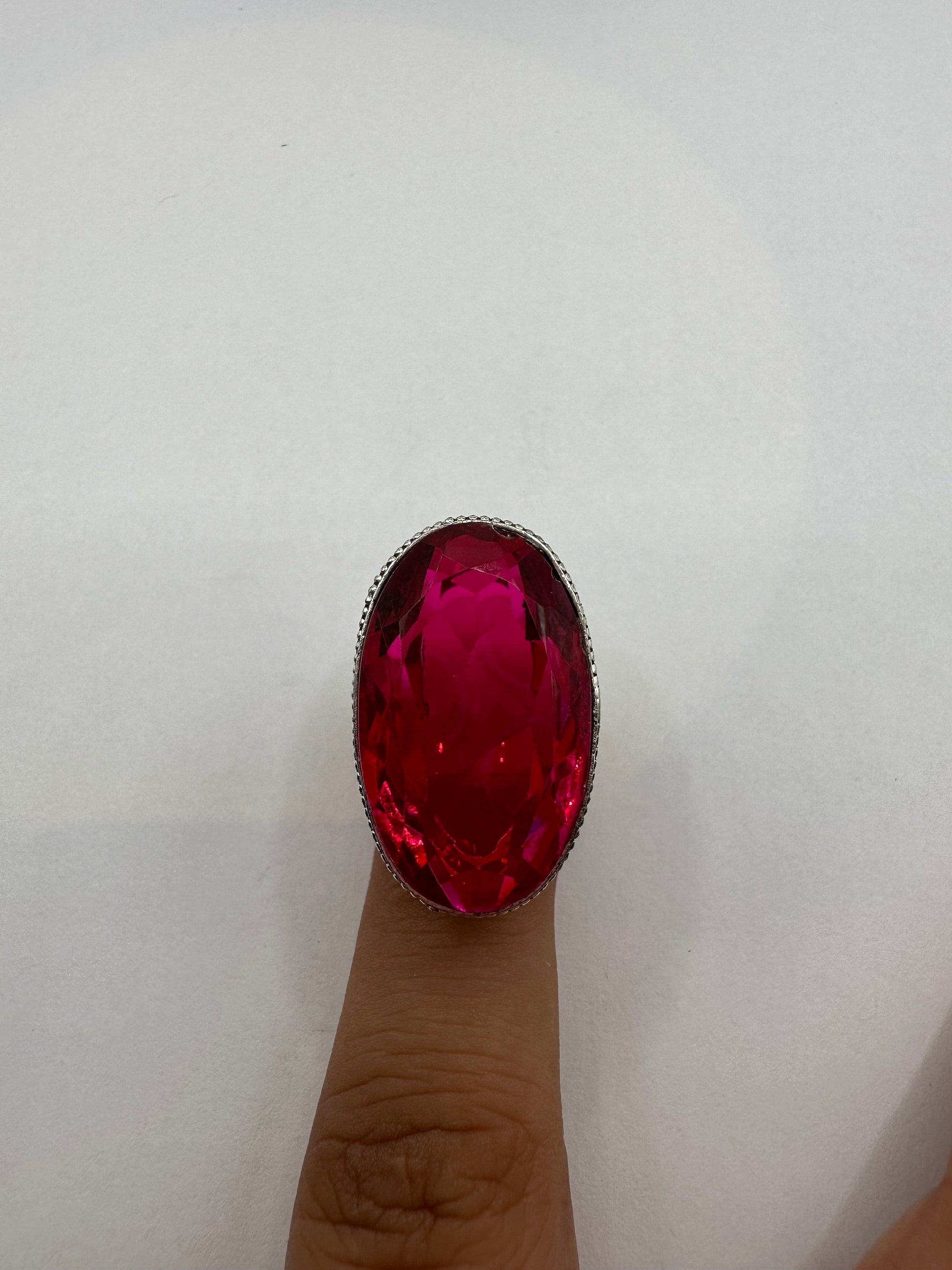 Vintage Red Ruby Glass White Bronze Silver Gothic Ring