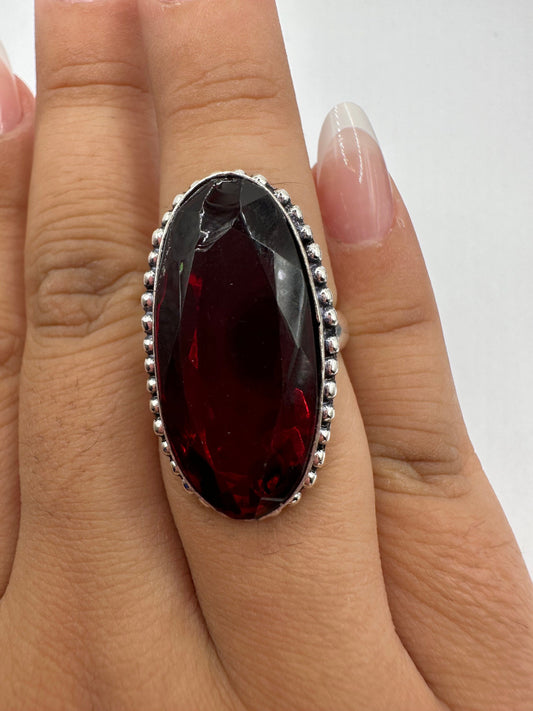 Vintage Red Ruby Glass White Bronze Silver Gothic Ring