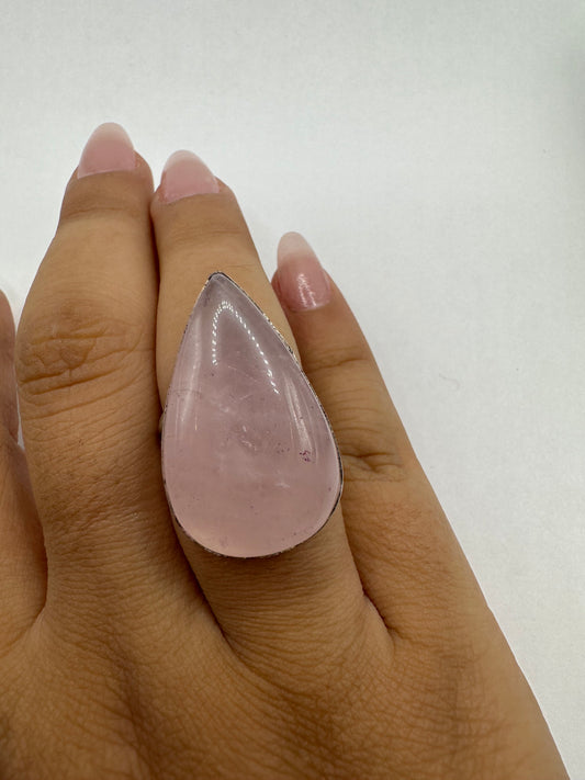 Vintage 1970's Genuine Rose Quartz Silver Statement Ring