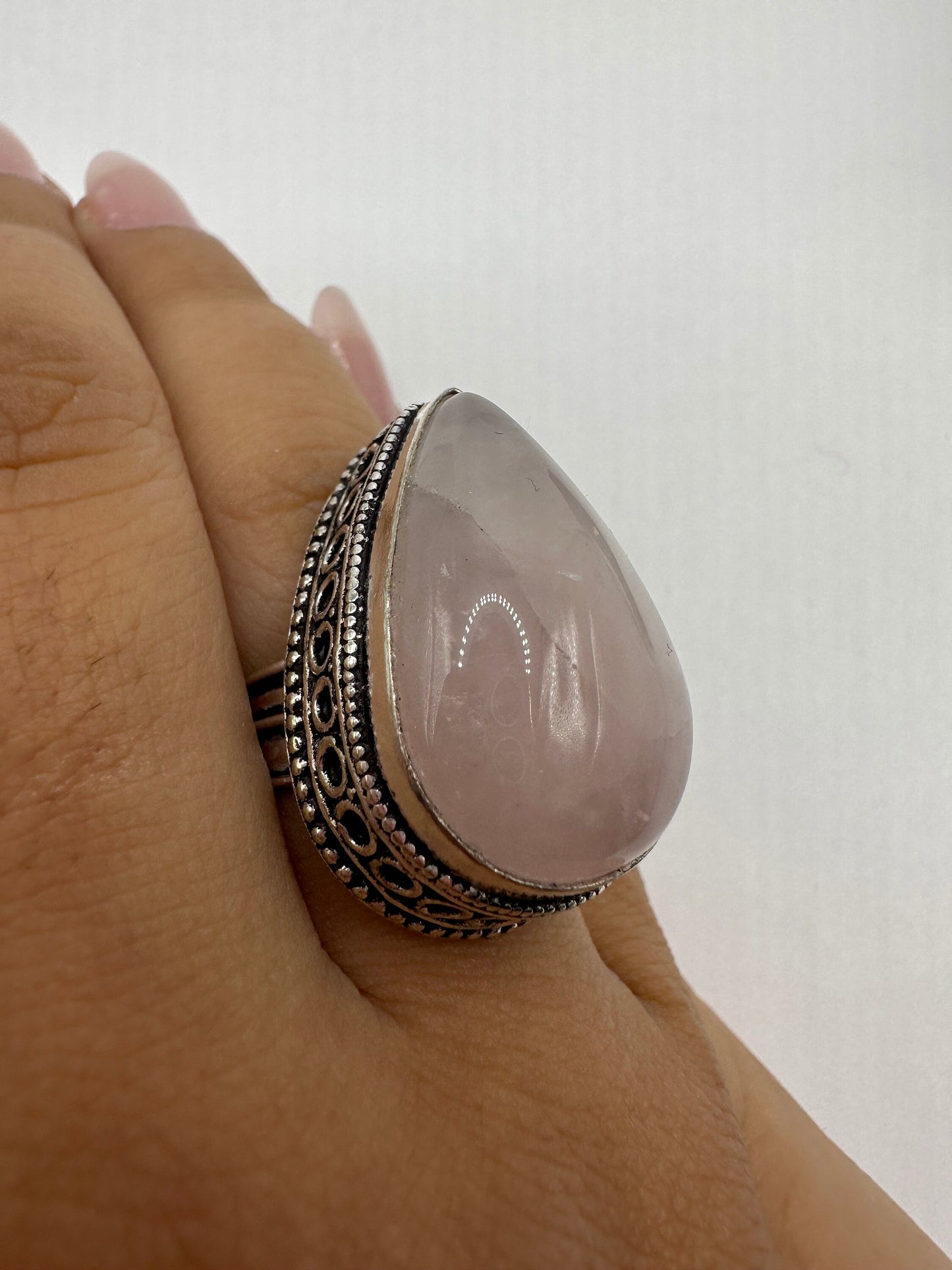 Vintage 1970's Genuine Rose Quartz Silver Statement Ring