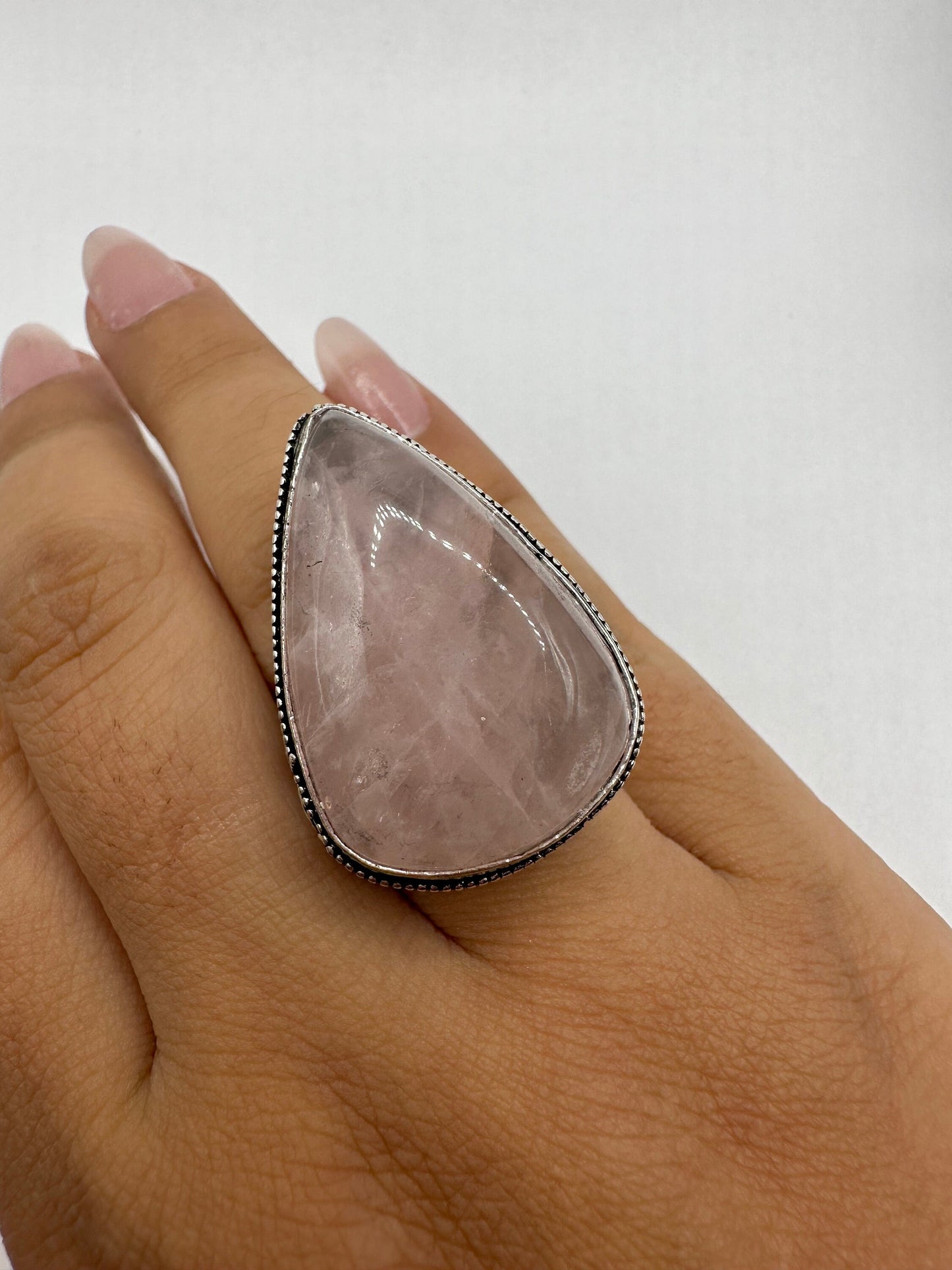 Vintage 1970's Genuine Rose Quartz Silver Statement Ring