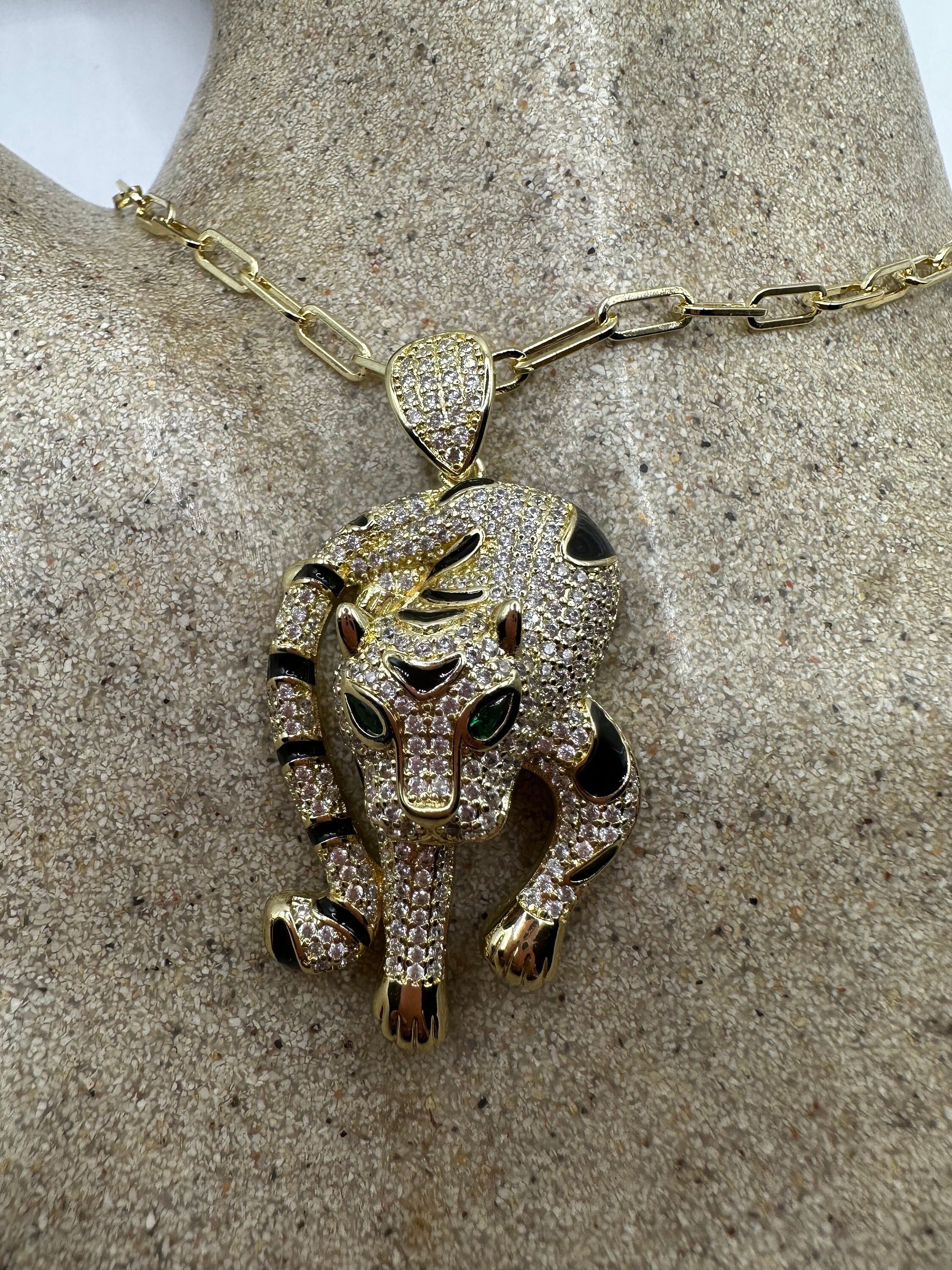 Vintage Cougar Chain Necklace Gold filled Black and White Crystal