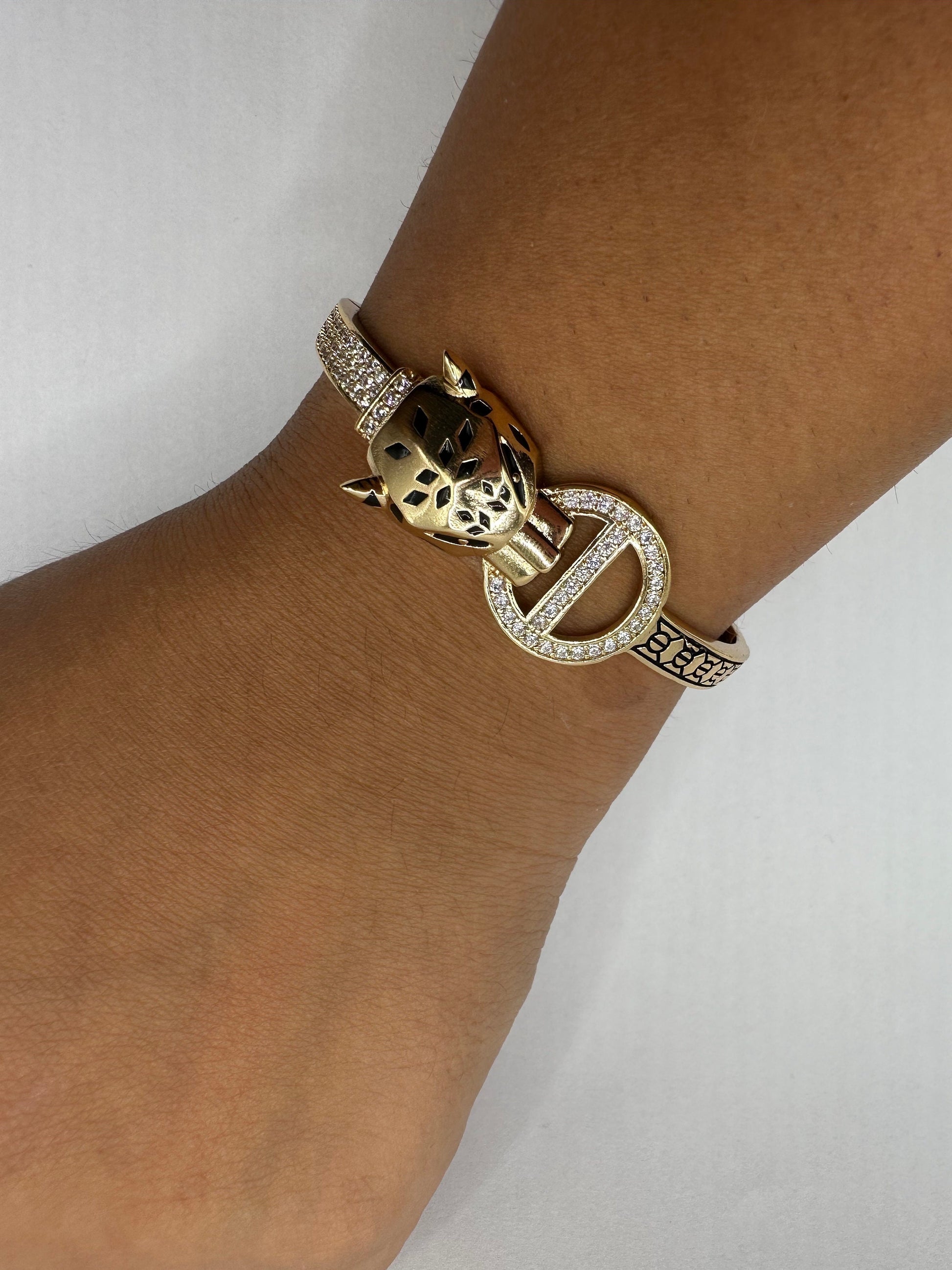 Vintage Cougar Cat Bangle Bracelet Gold filled Green Crystal Eyes