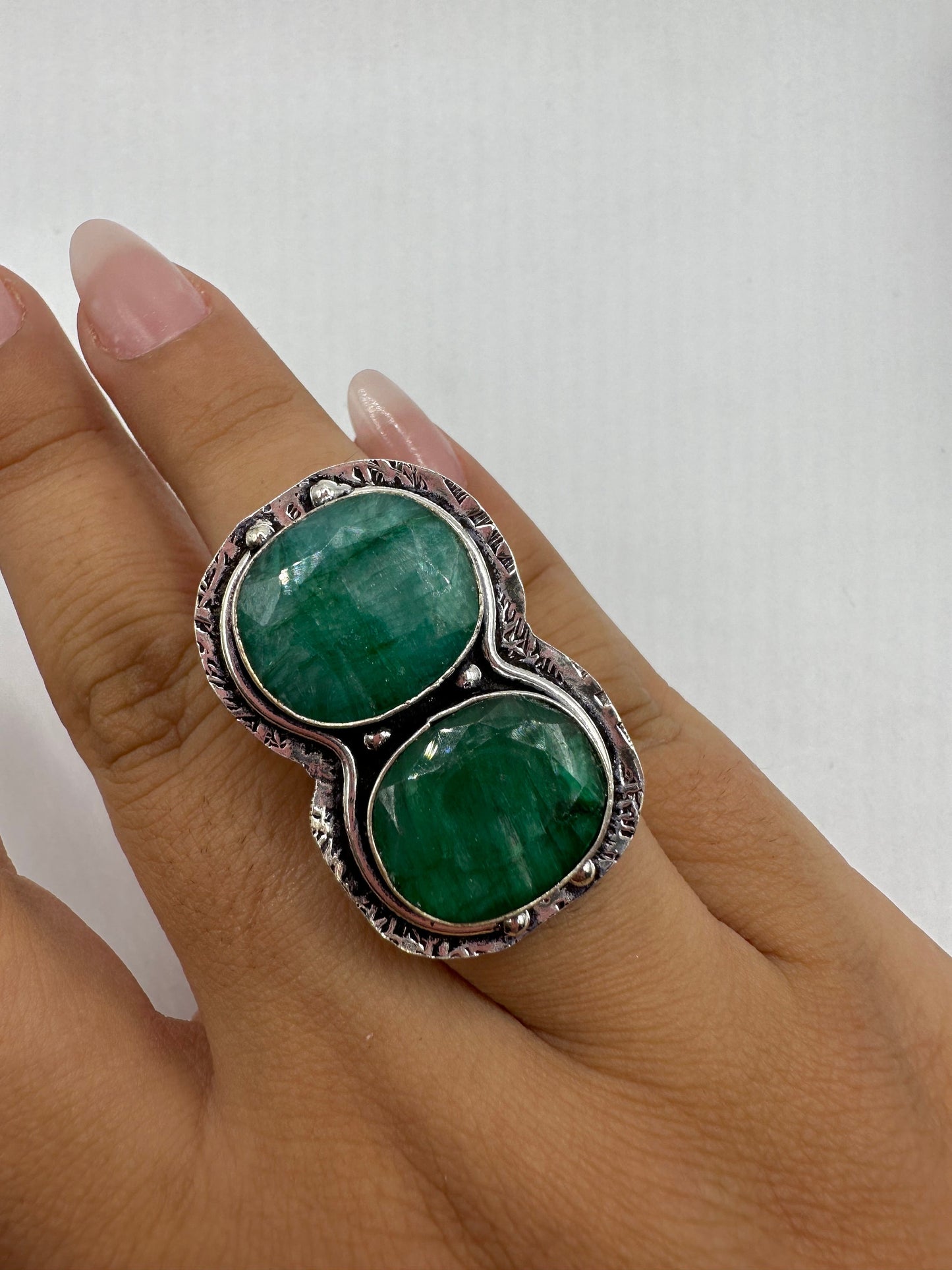 Vintage Green Raw Emerald Silver Bronze Statement Boho Ring