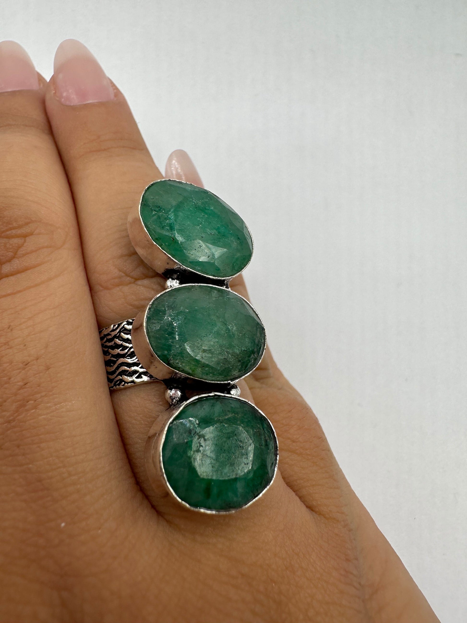 Vintage Green Raw Emerald Silver Bronze Statement Boho Ring