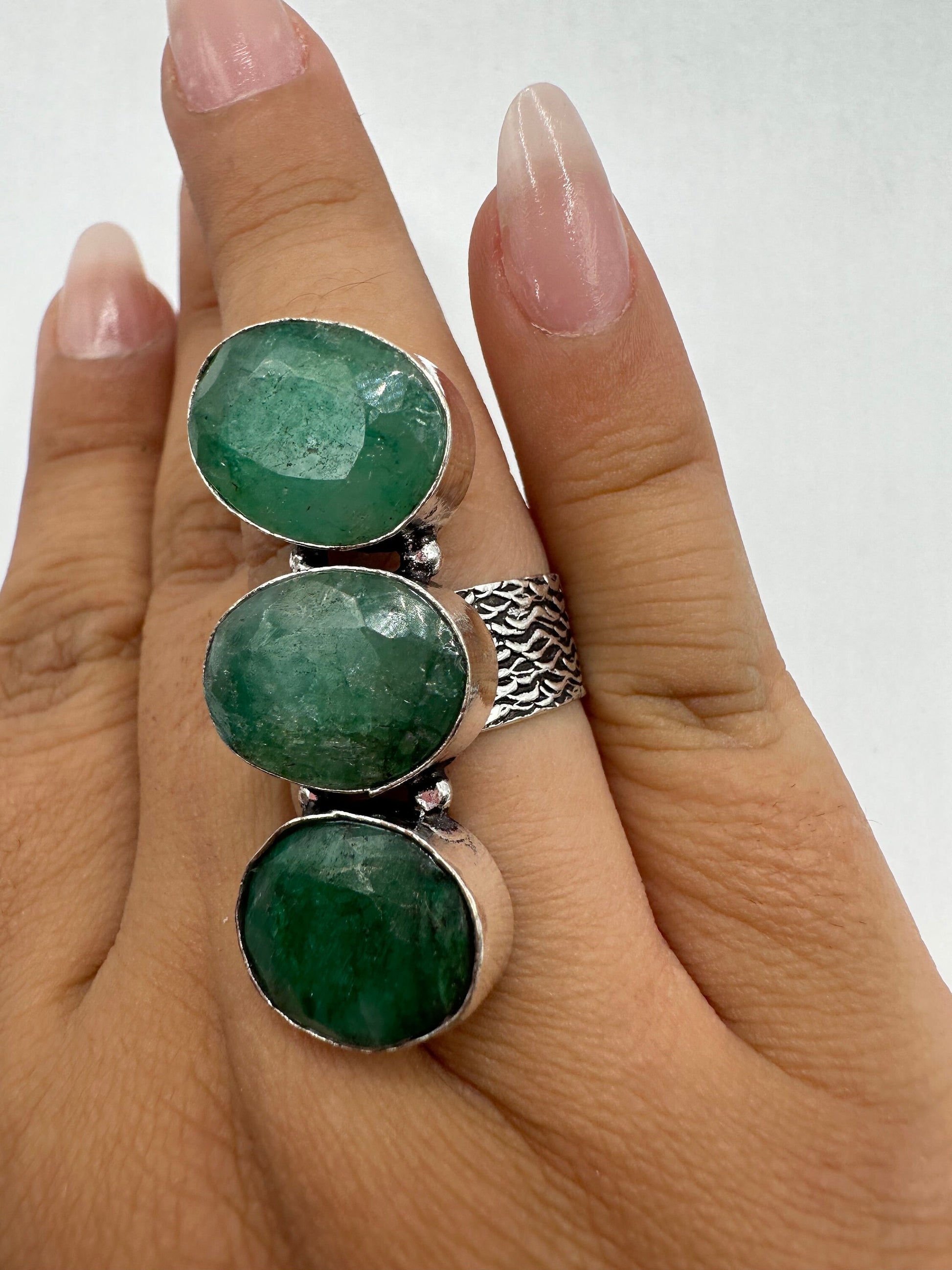 Vintage Green Raw Emerald Silver Bronze Statement Boho Ring