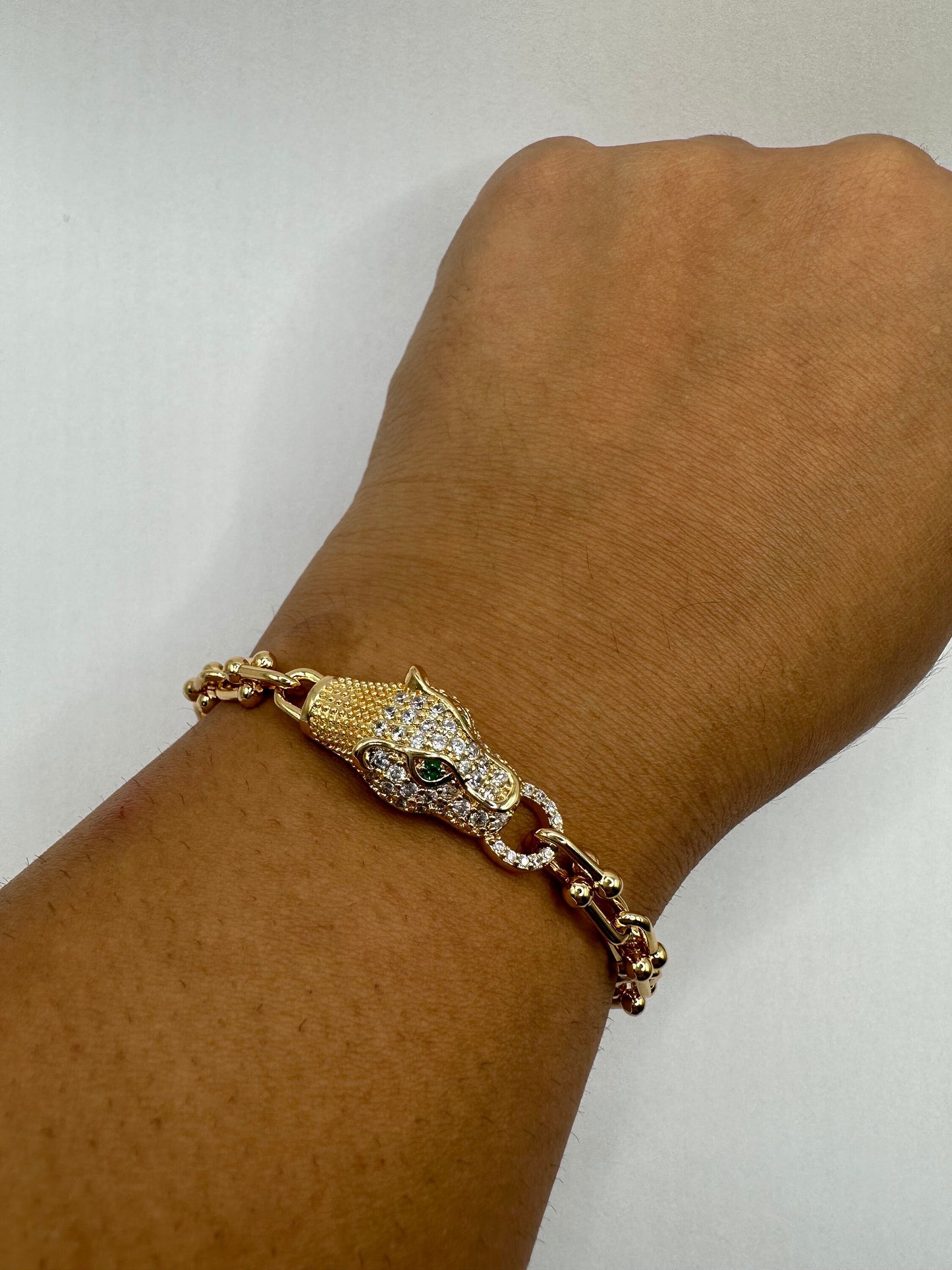 Vintage Cougar Cat Bangle Bracelet Gold filled Green Crystal Eyes