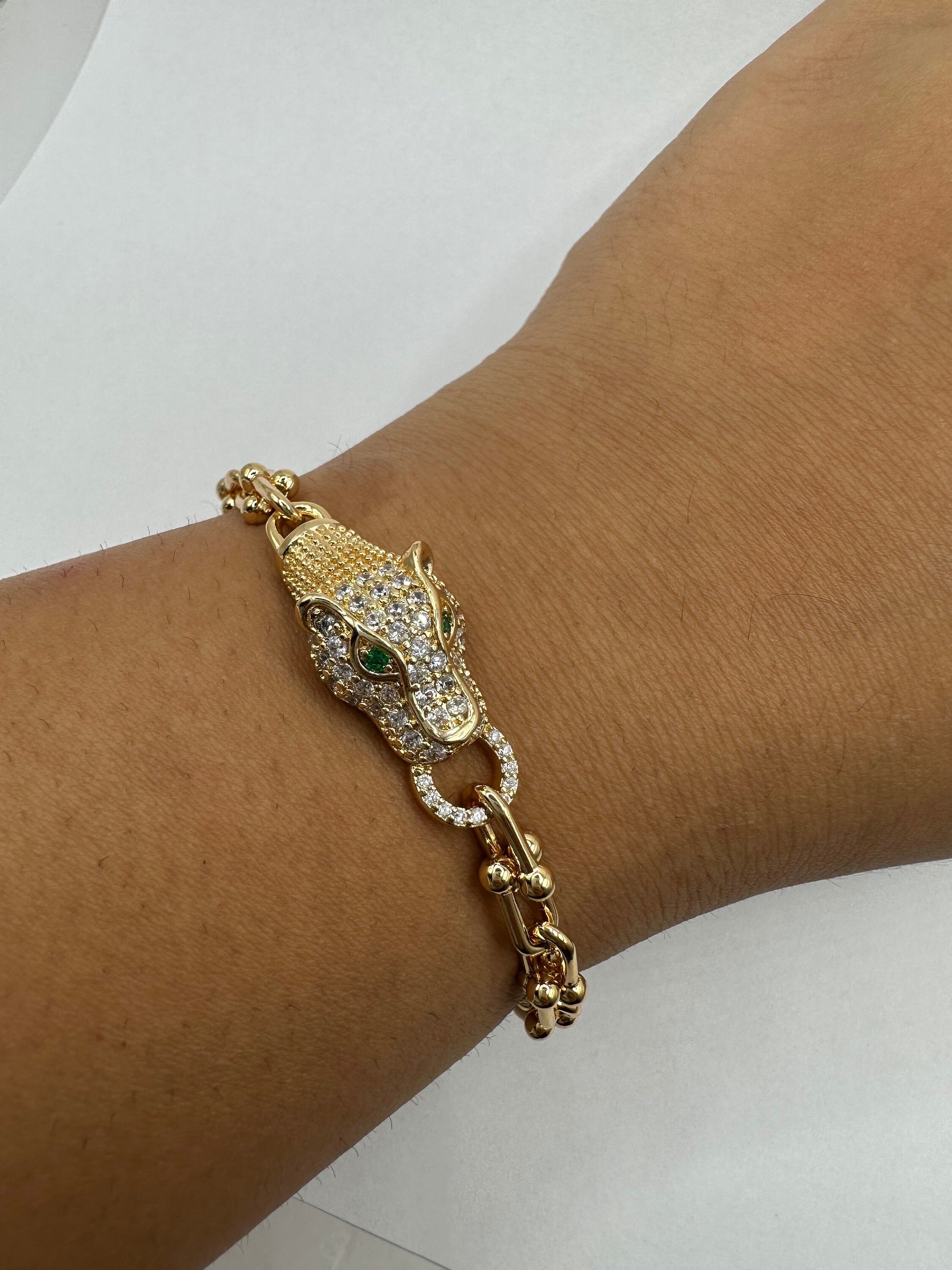 Vintage Cougar Cat Bangle Bracelet Gold filled Green Crystal Eyes