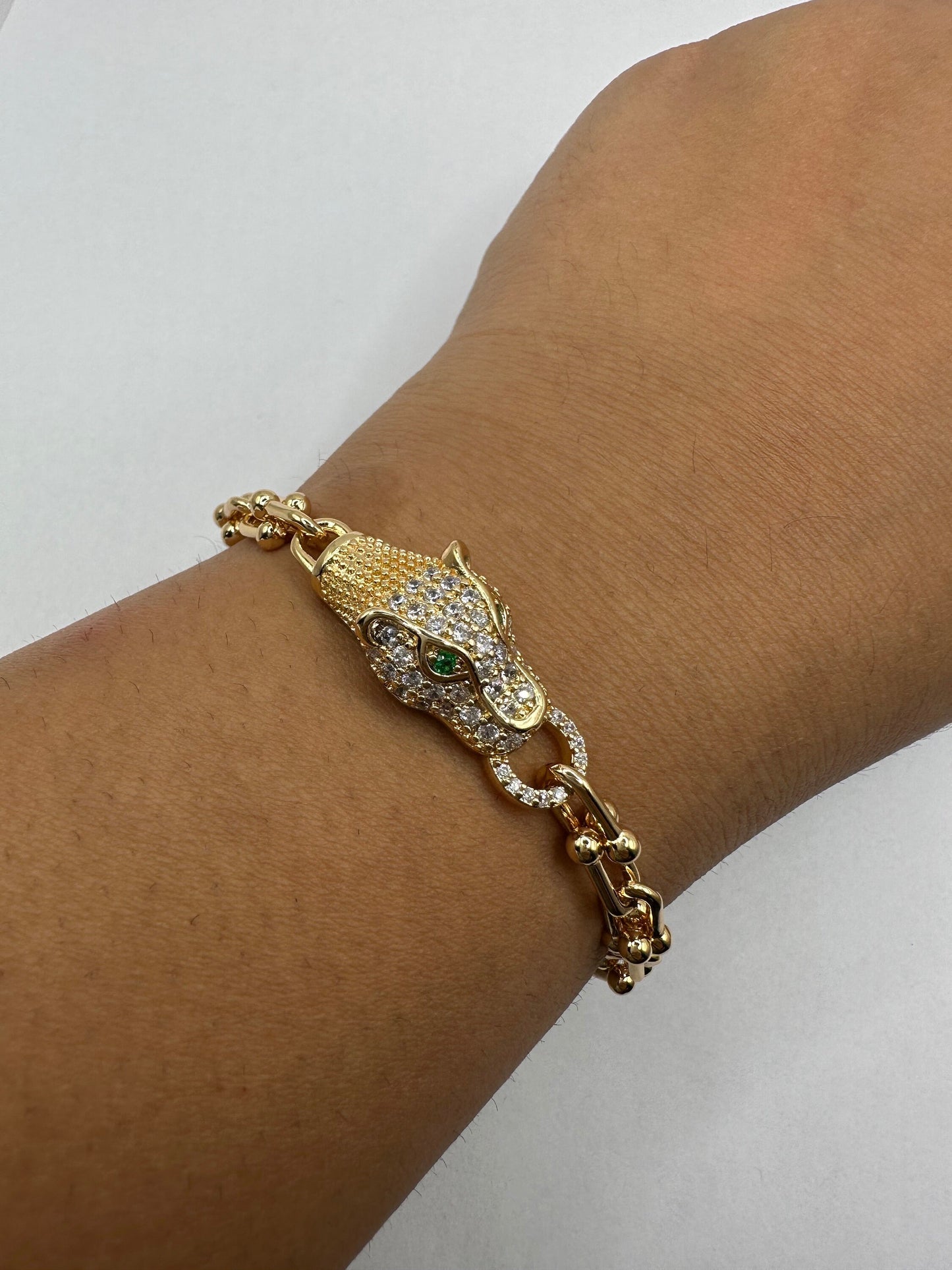 Vintage Cougar Cat Bangle Bracelet Gold filled Green Crystal Eyes