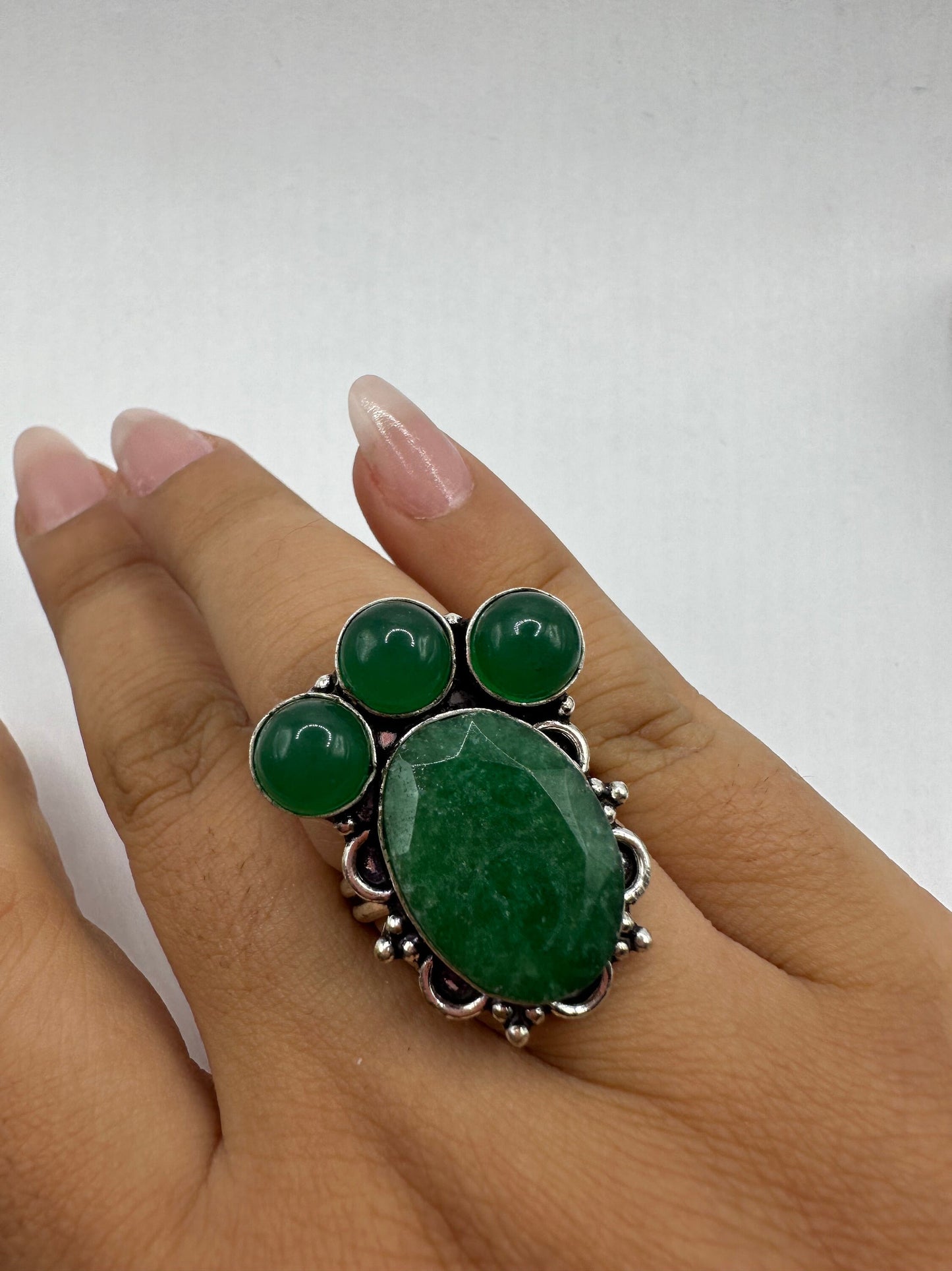 Vintage Green Raw Emerald Silver Bronze Statement Boho Ring