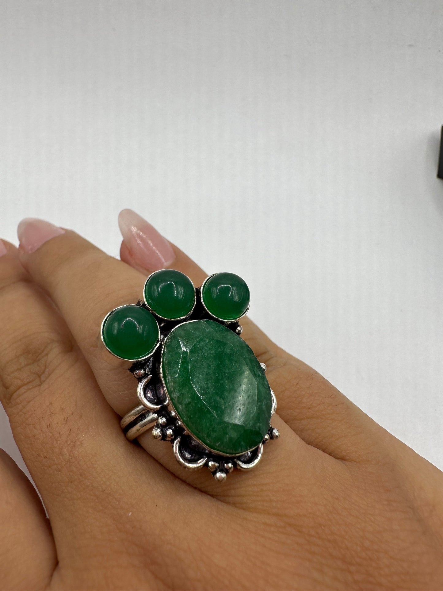 Vintage Green Raw Emerald Silver Bronze Statement Boho Ring