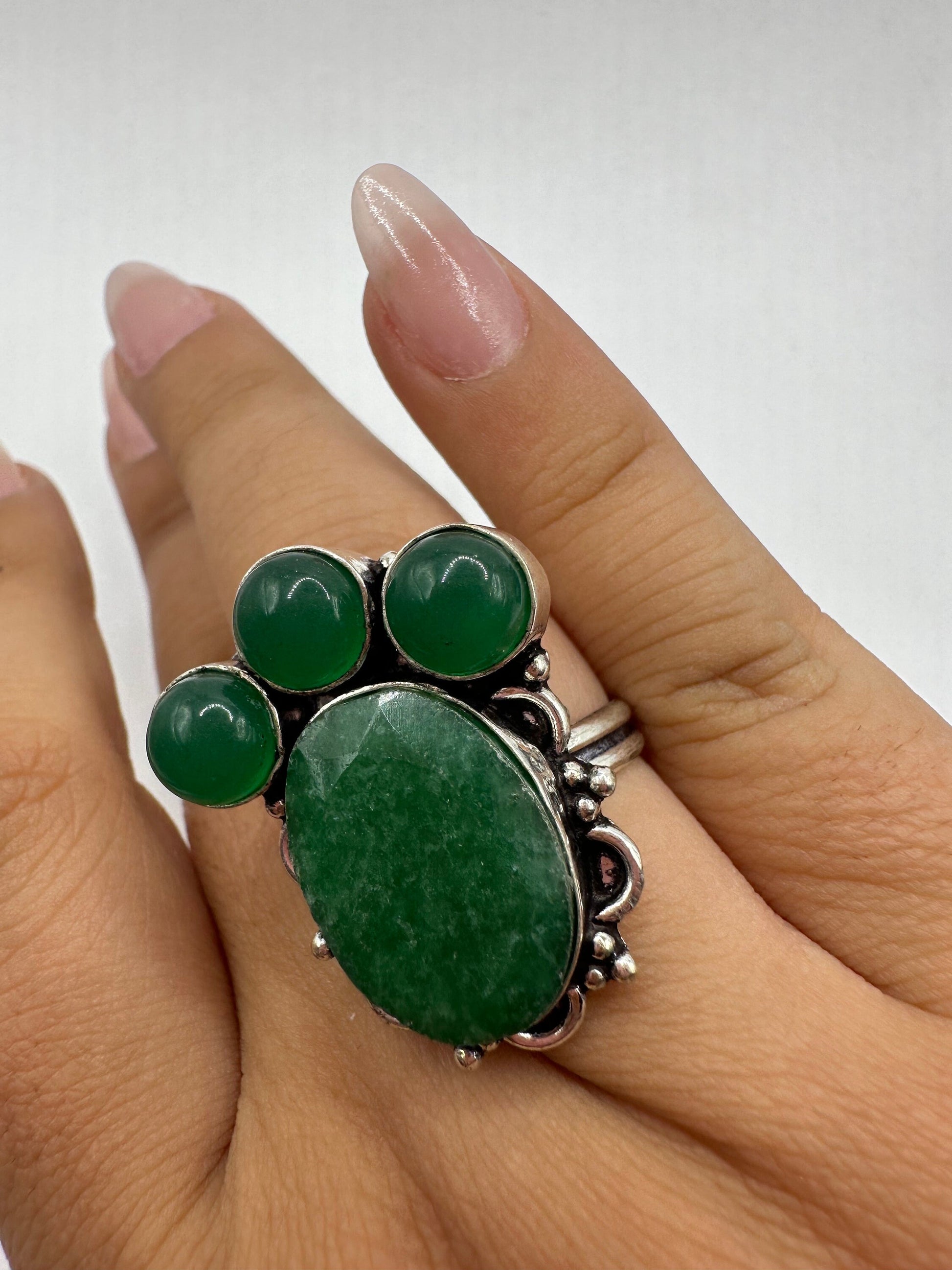 Vintage Green Raw Emerald Silver Bronze Statement Boho Ring