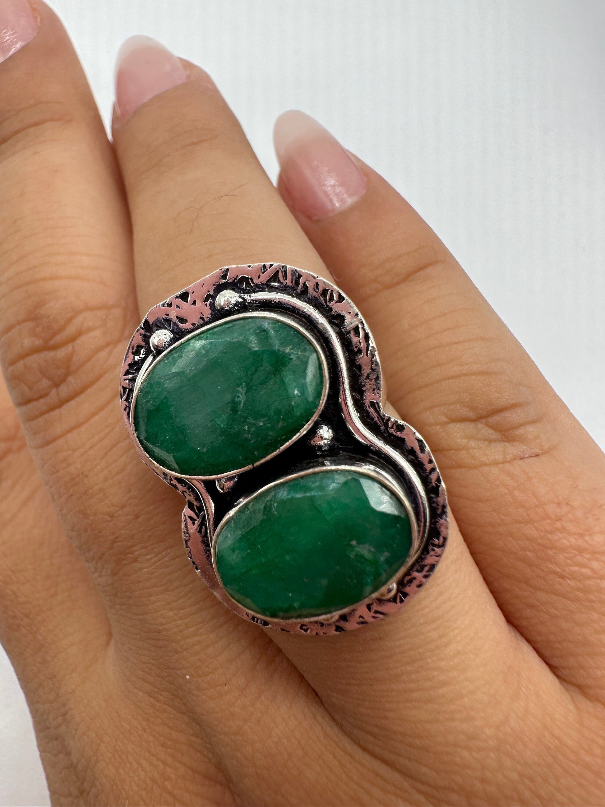 Vintage Green Raw Emerald Silver Bronze Statement Boho Ring