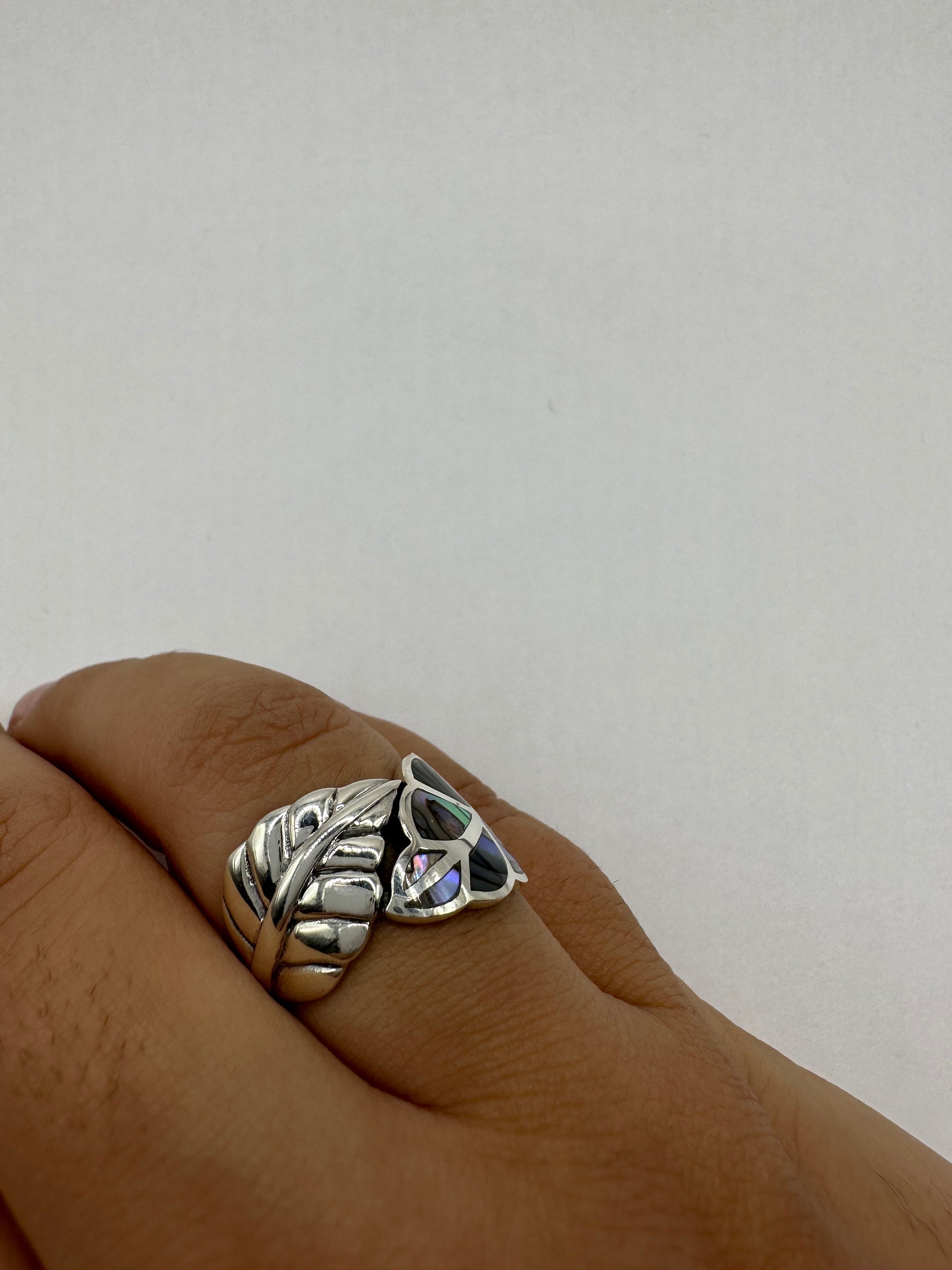 Antique Deco Mother of Pearl Leaf 925 Sterling Silver Ring