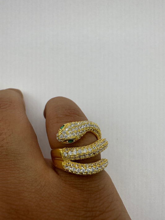 Vintage Snake Ring Golden 925 Sterling Silver Crystal Size 6