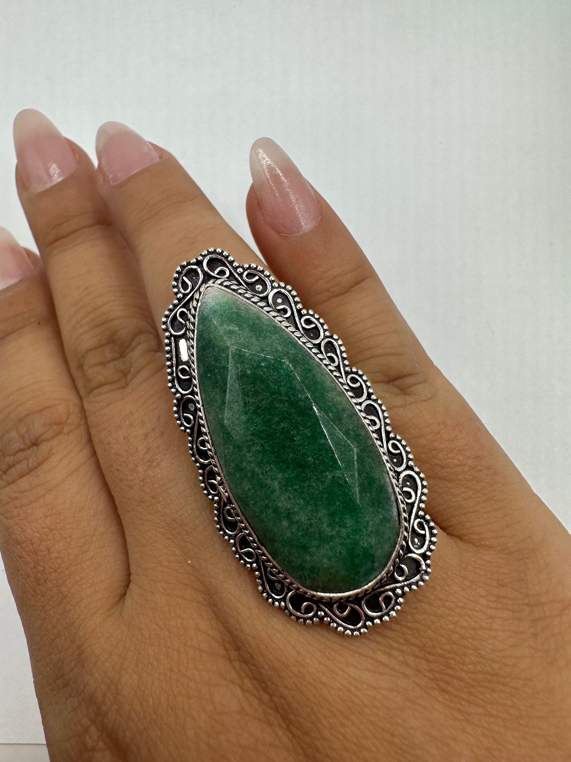 Vintage Green Raw Emerald Silver Bronze Statement Boho Ring