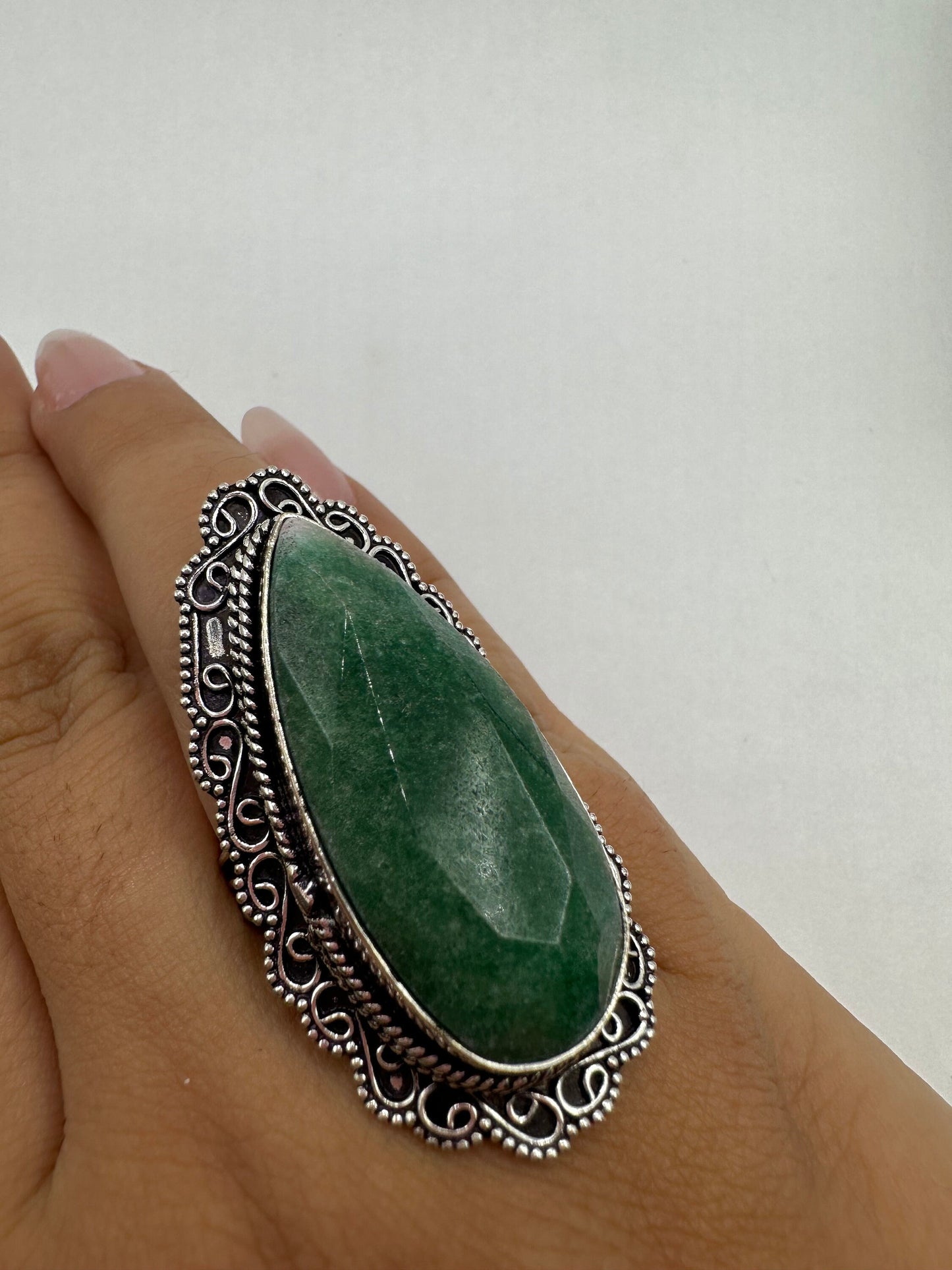 Vintage Green Raw Emerald Silver Bronze Statement Boho Ring