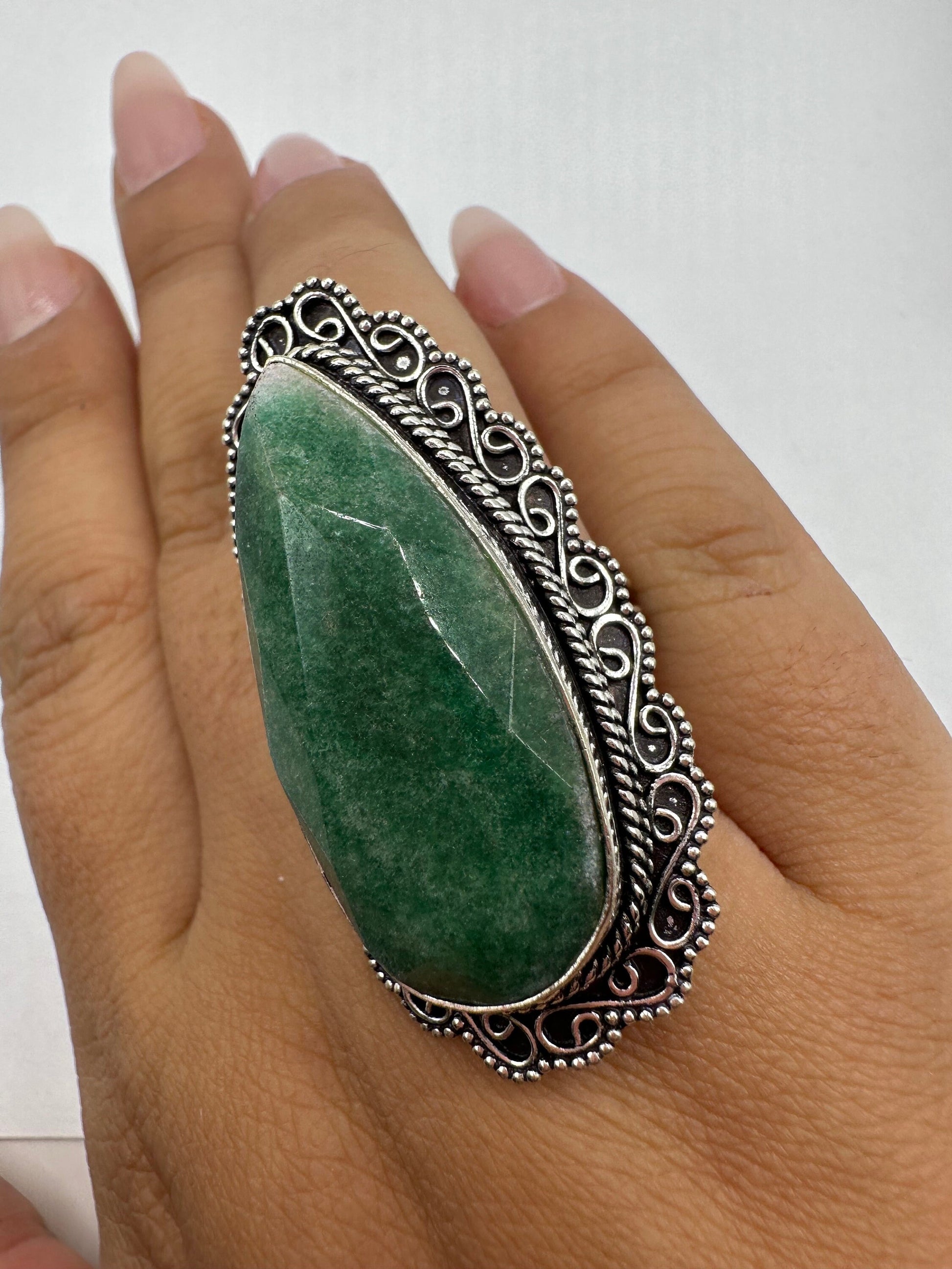 Vintage Green Raw Emerald Silver Bronze Statement Boho Ring