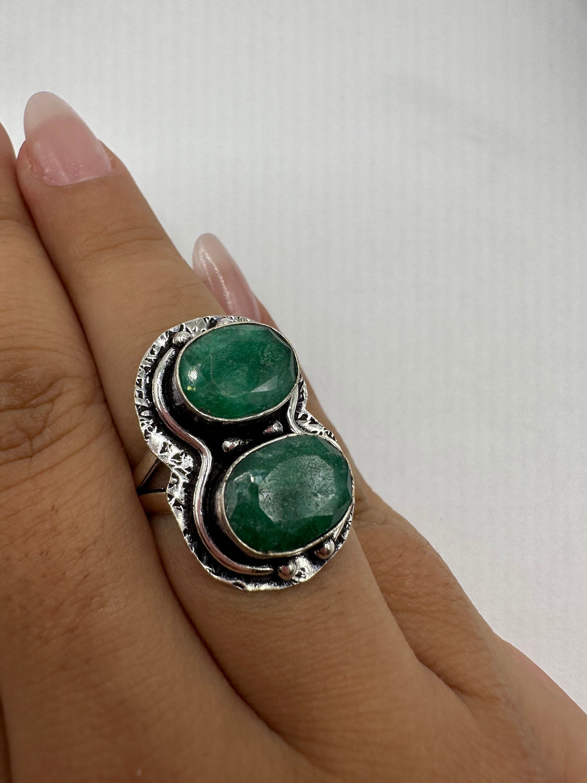 Vintage Green Raw Emerald Silver Bronze Statement Boho Ring