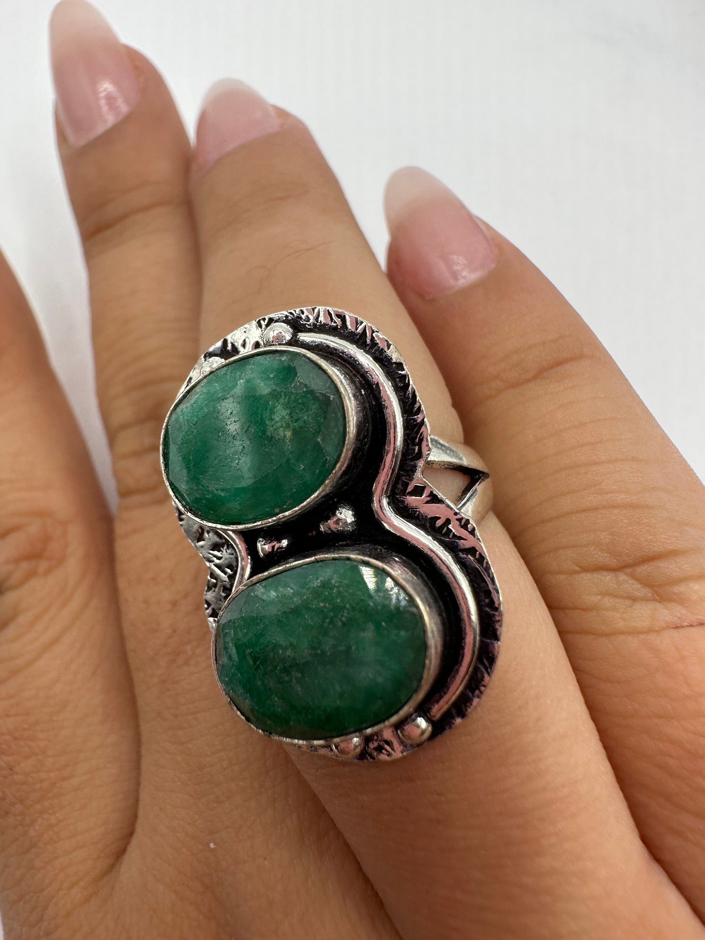 Vintage Green Raw Emerald Silver Bronze Statement Boho Ring