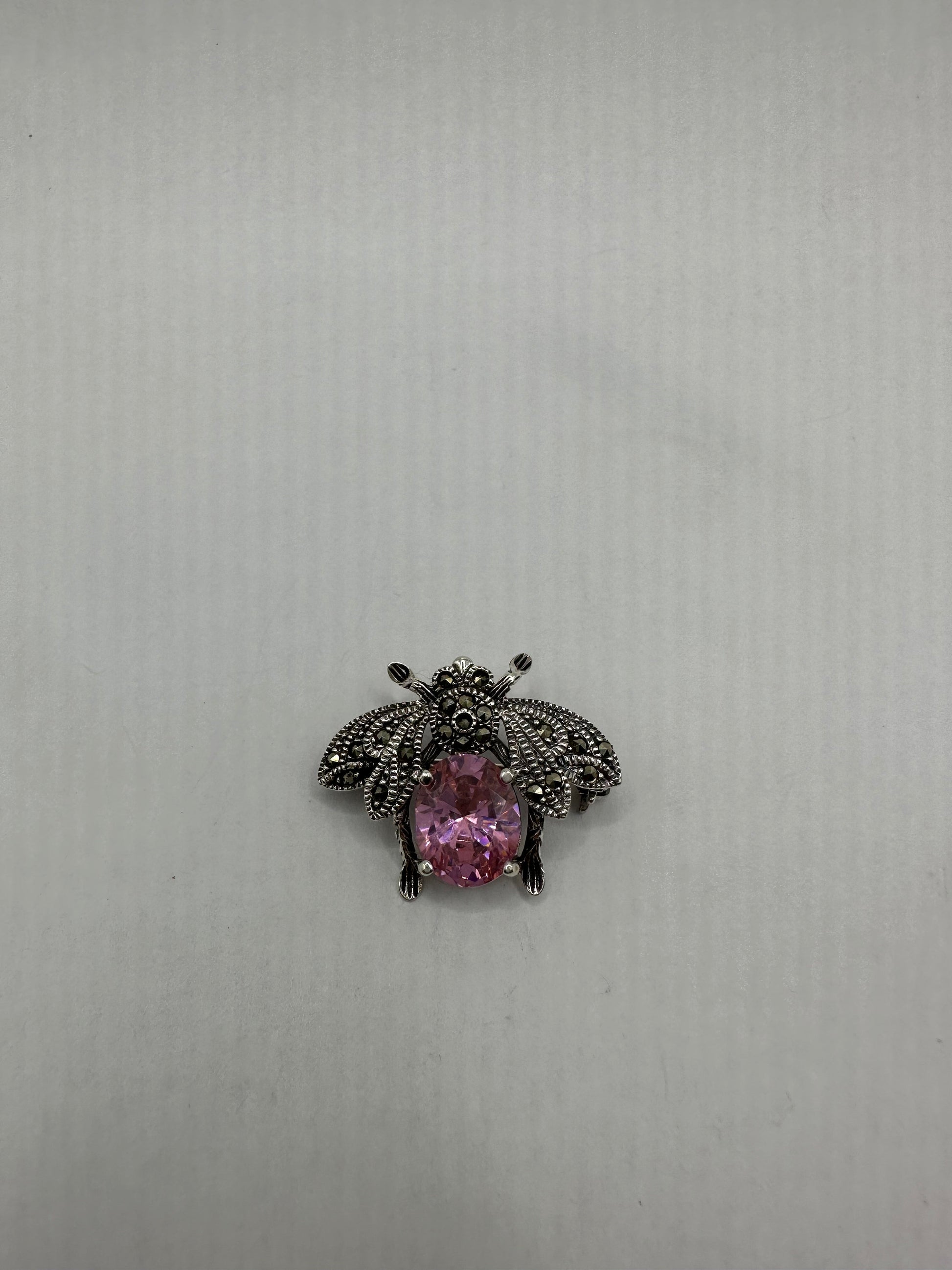 Vintage Marcasite Choker Pin 925 Sterling Silver Deco Pink Ice Bee Pendant Necklace