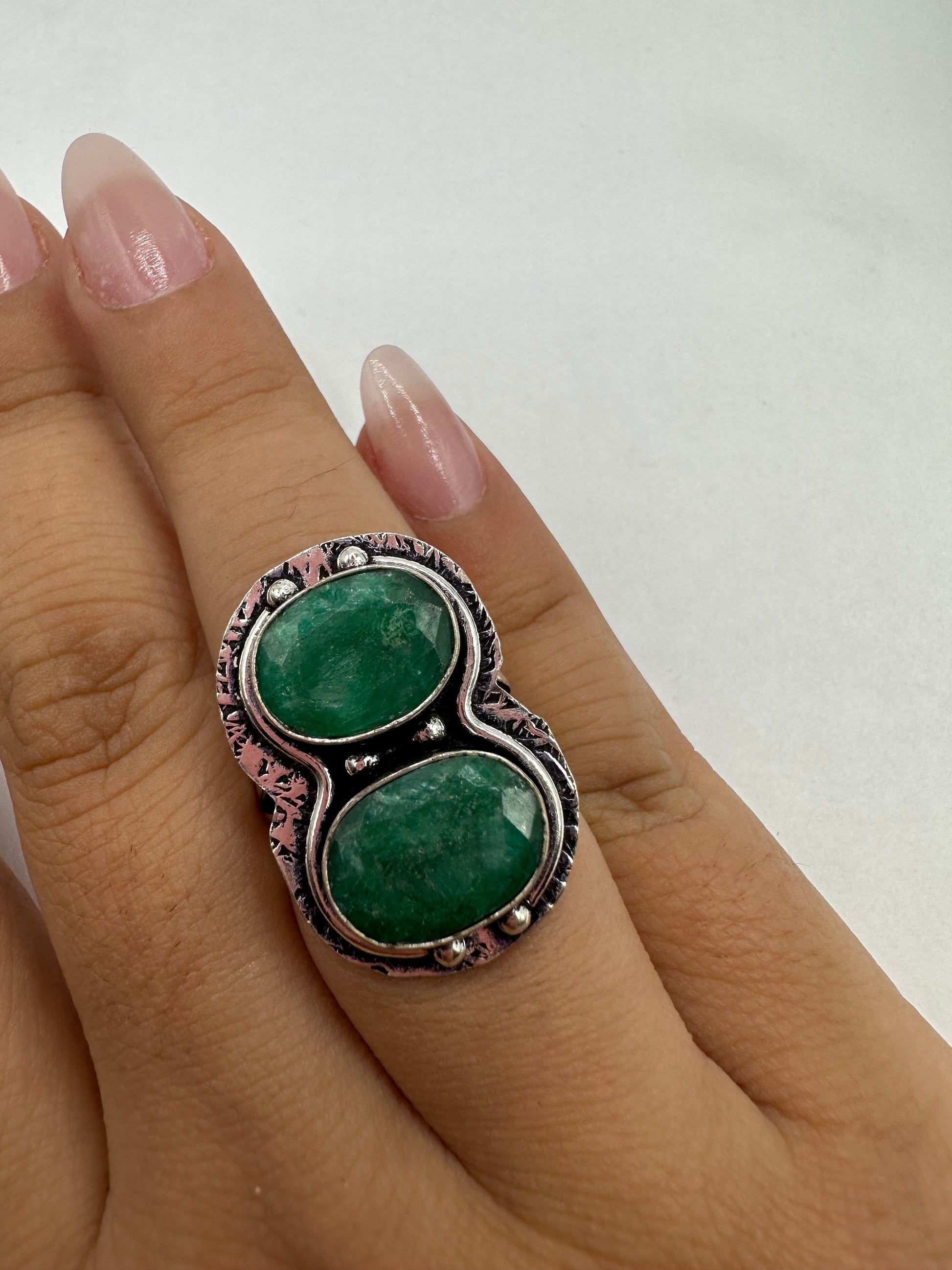 Vintage Green Raw Emerald Silver Bronze Statement Boho Ring