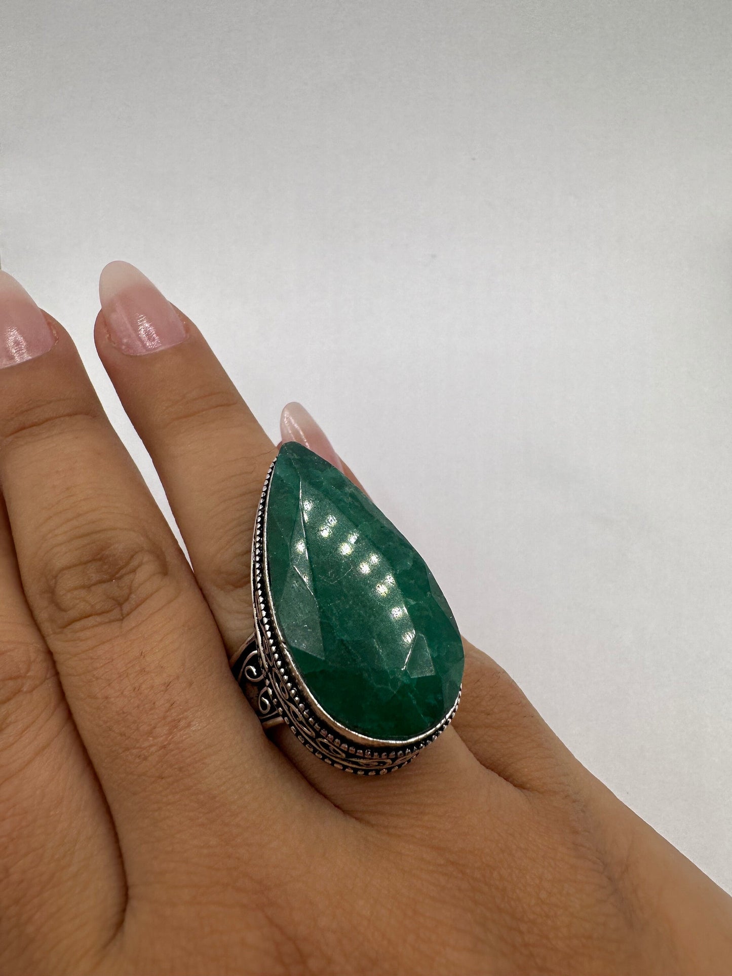 Vintage Green Raw Emerald Silver Bronze Statement Boho Ring