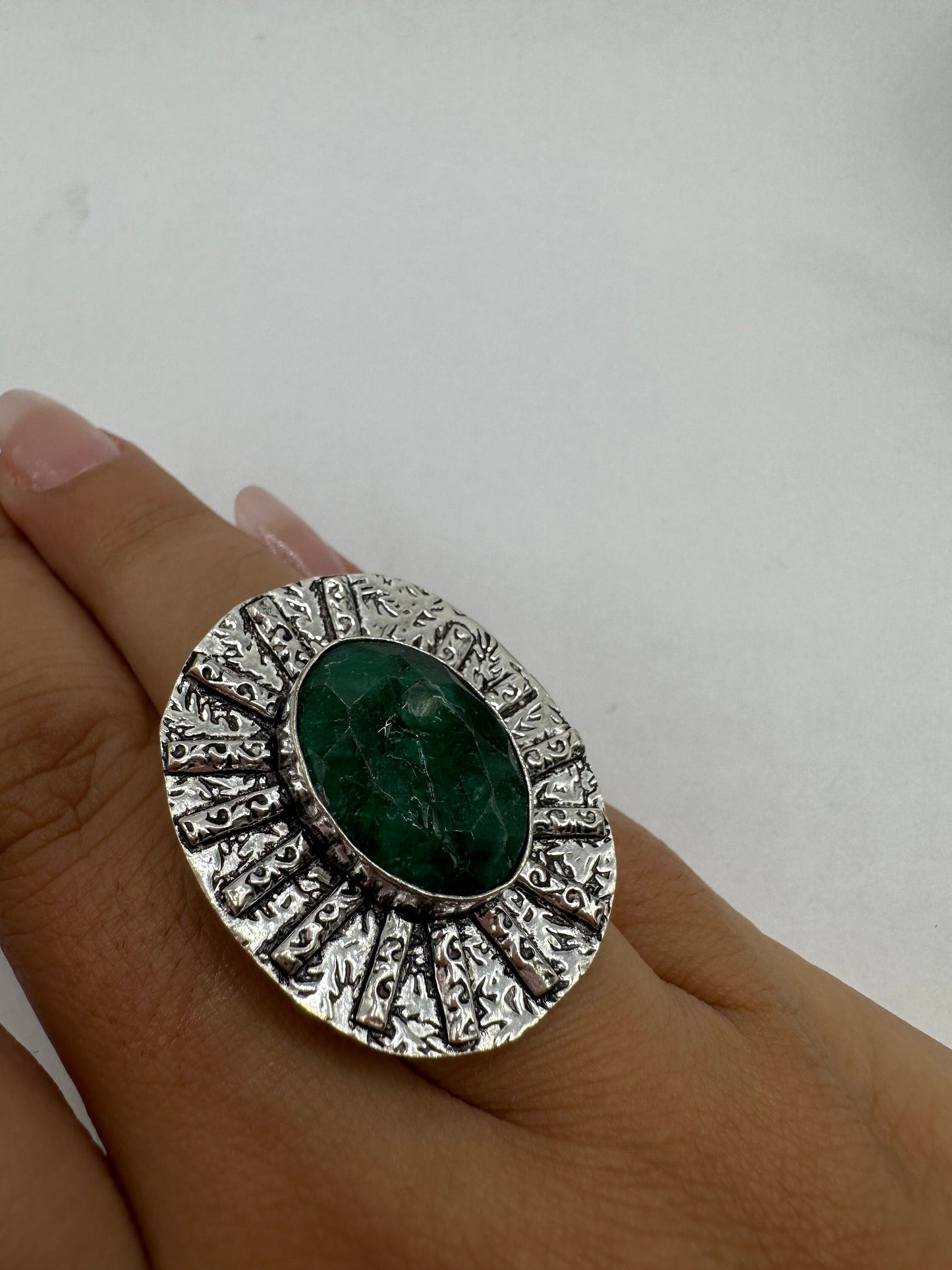 Vintage Green Raw Emerald Silver Bronze Statement Boho Ring