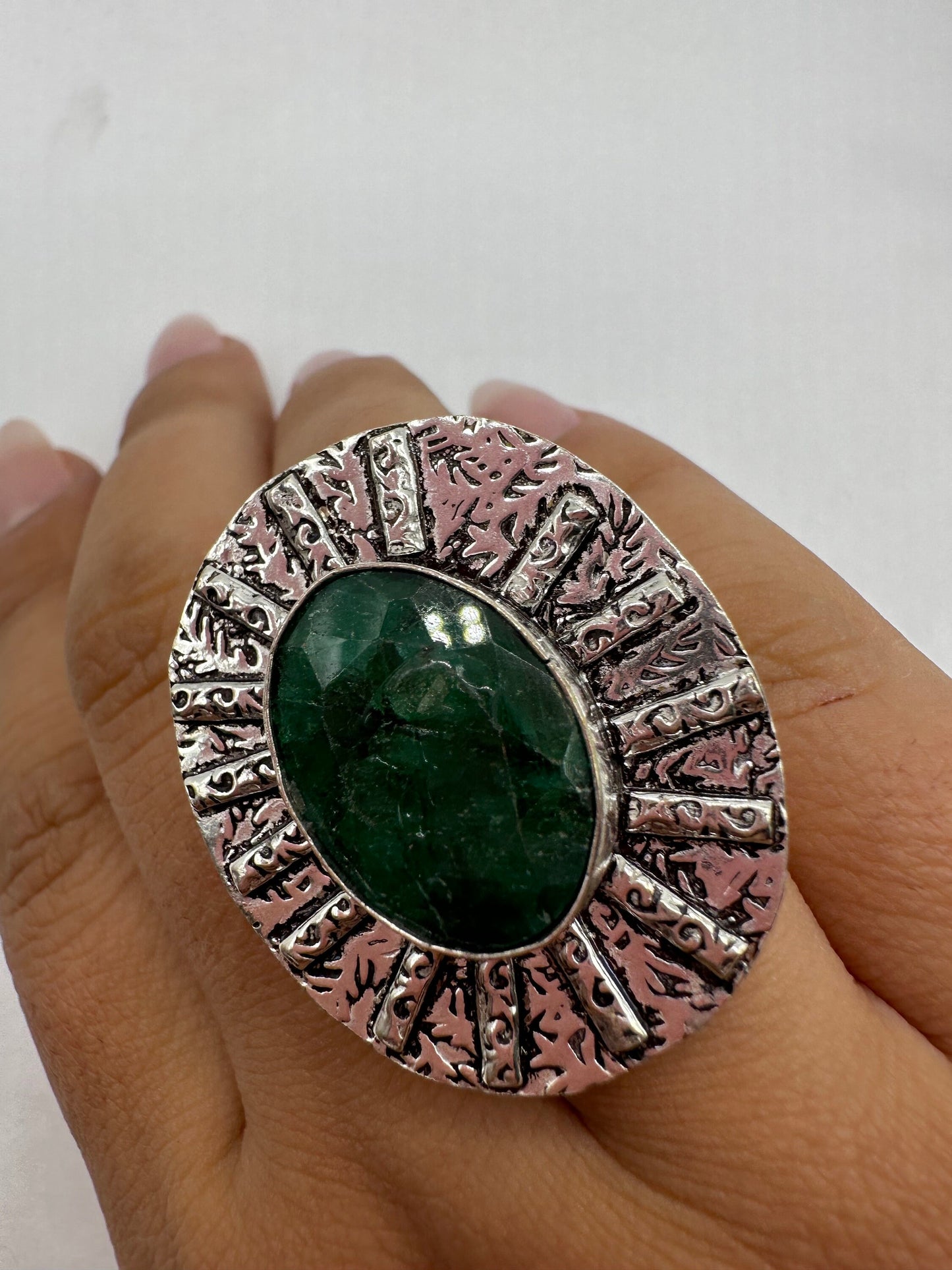 Vintage Green Raw Emerald Silver Bronze Statement Boho Ring