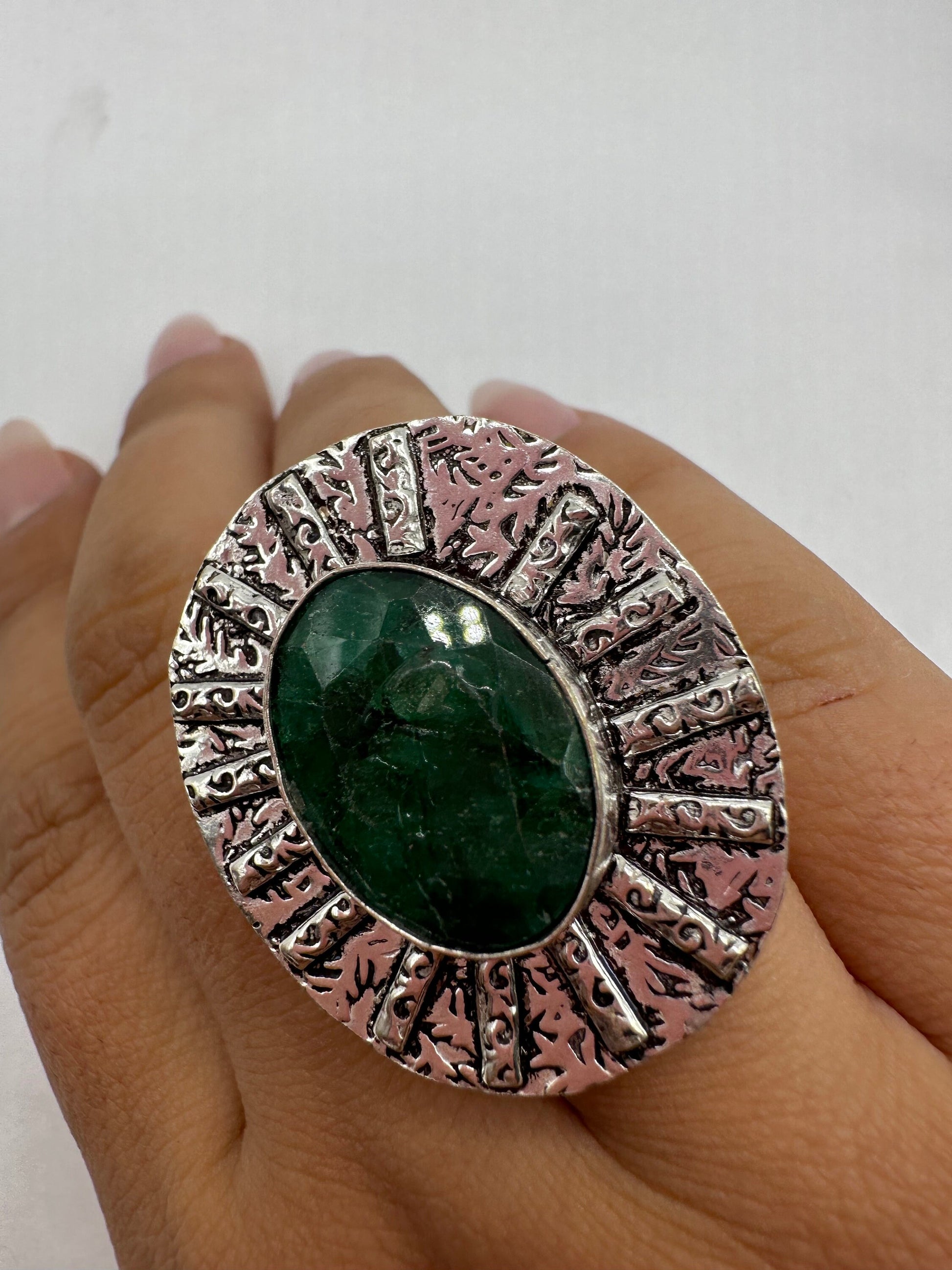 Vintage Green Raw Emerald Silver Bronze Statement Boho Ring