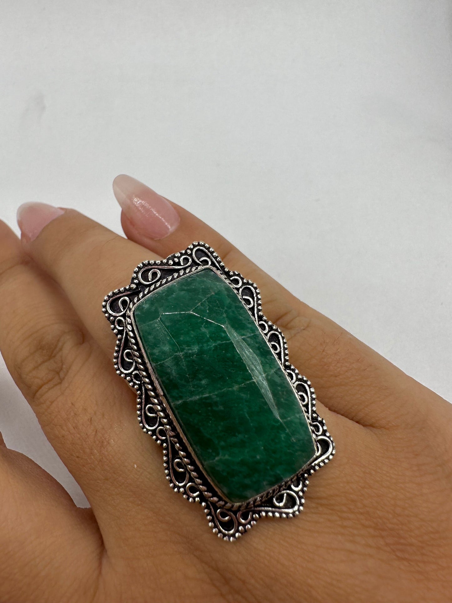 Vintage Green Raw Emerald Silver Bronze Statement Boho Ring