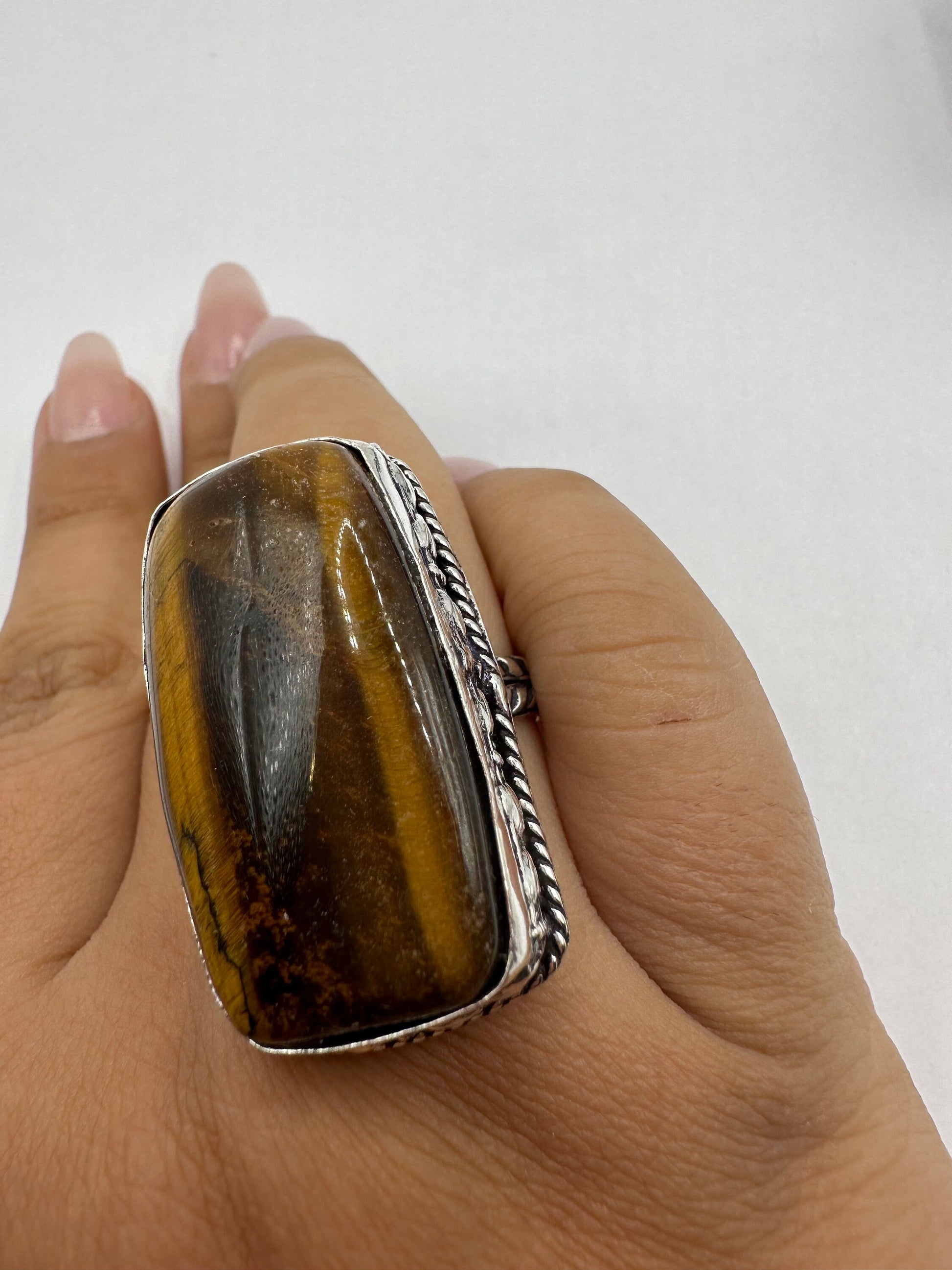 Vintage Tigers Eye Silver Cocktail Ring Size 9.25