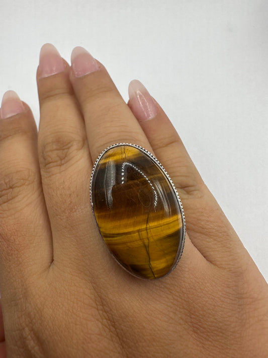 Vintage Tigers Eye Silver Cocktail Ring Size 7.5