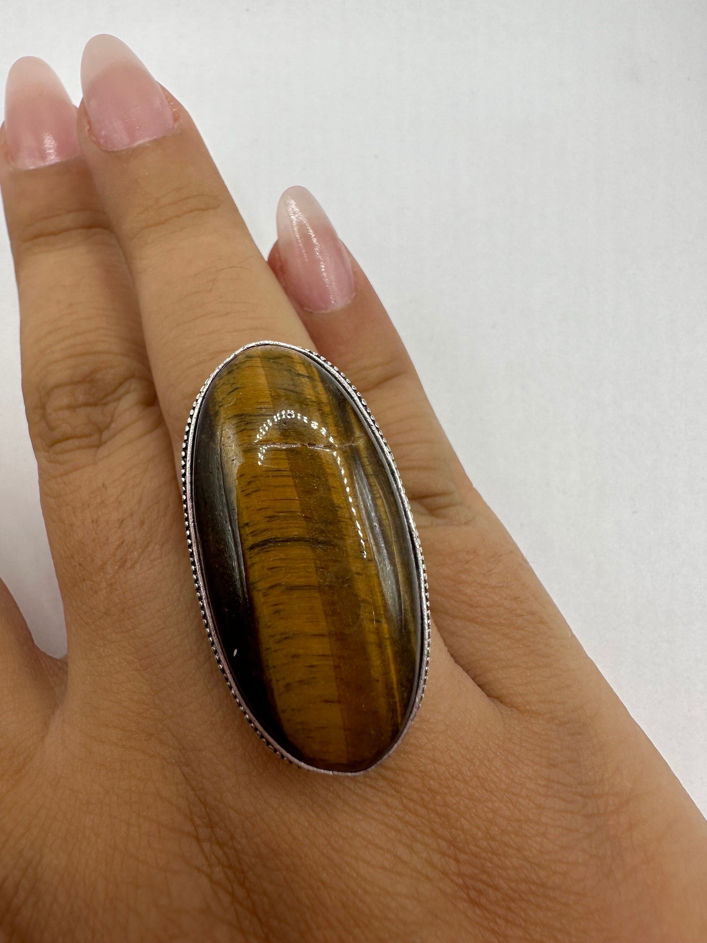 Vintage Tigers Eye Silver Cocktail Ring Size 7.75