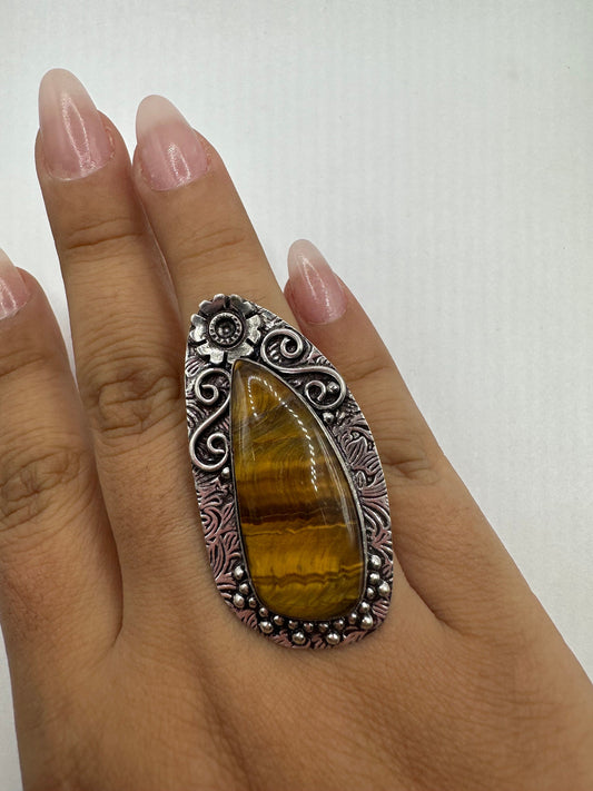 Vintage Tigers Eye Silver Cocktail Ring Size 7.5