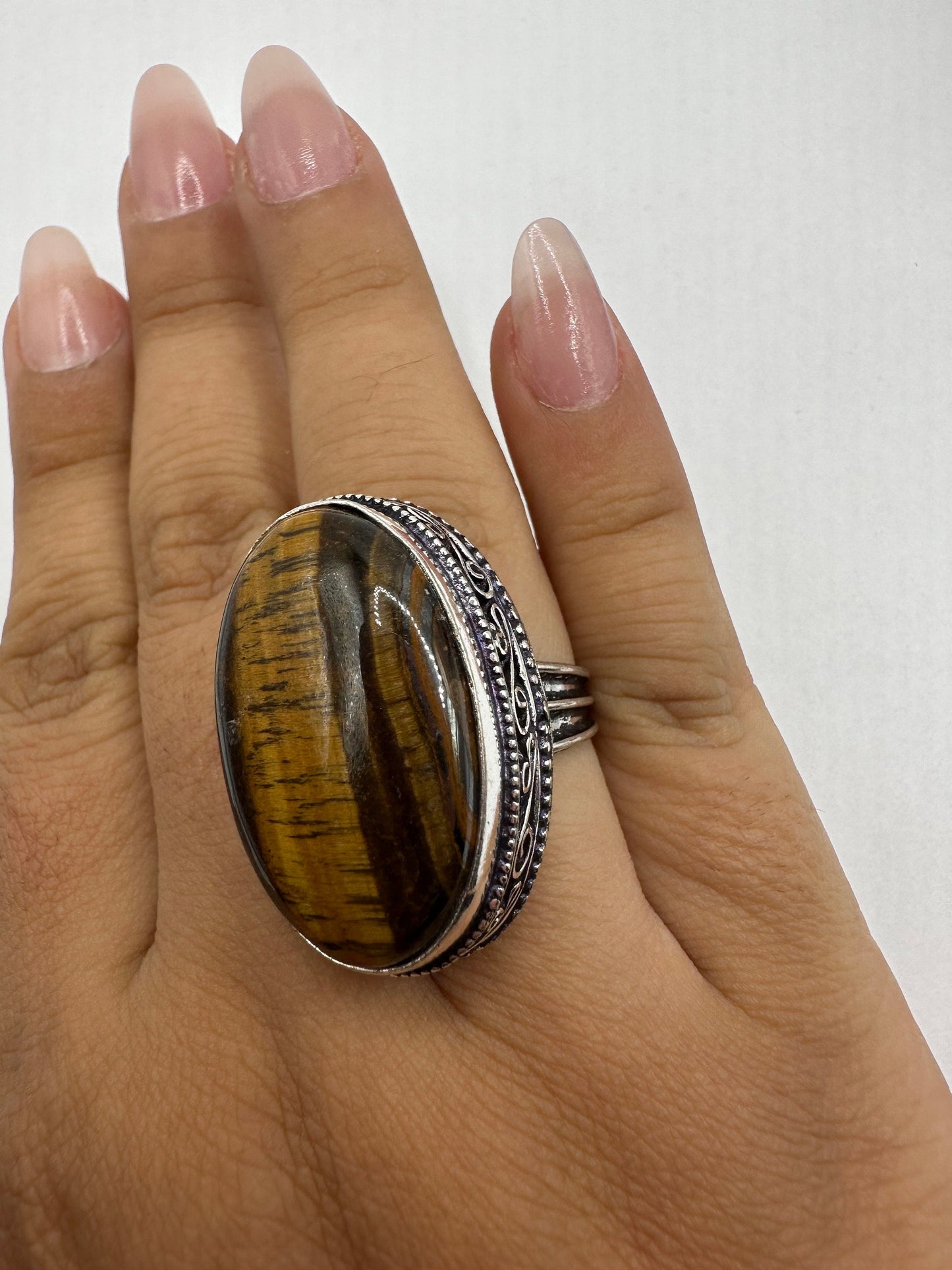 Vintage Tigers Eye Silver Cocktail Ring Size 8