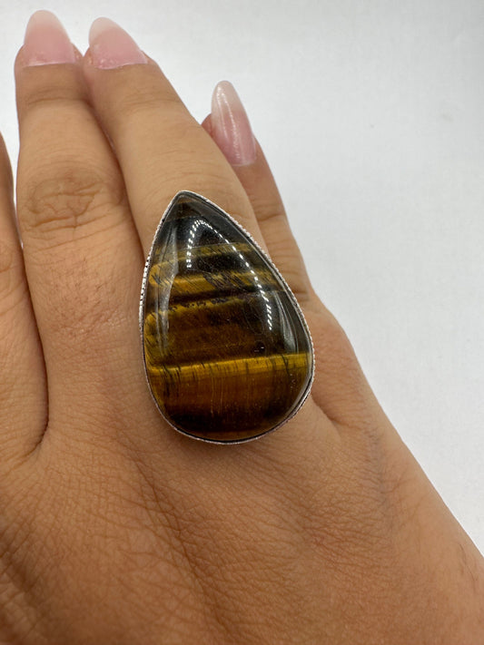 Vintage Tigers Eye Silver Cocktail Ring Size 9