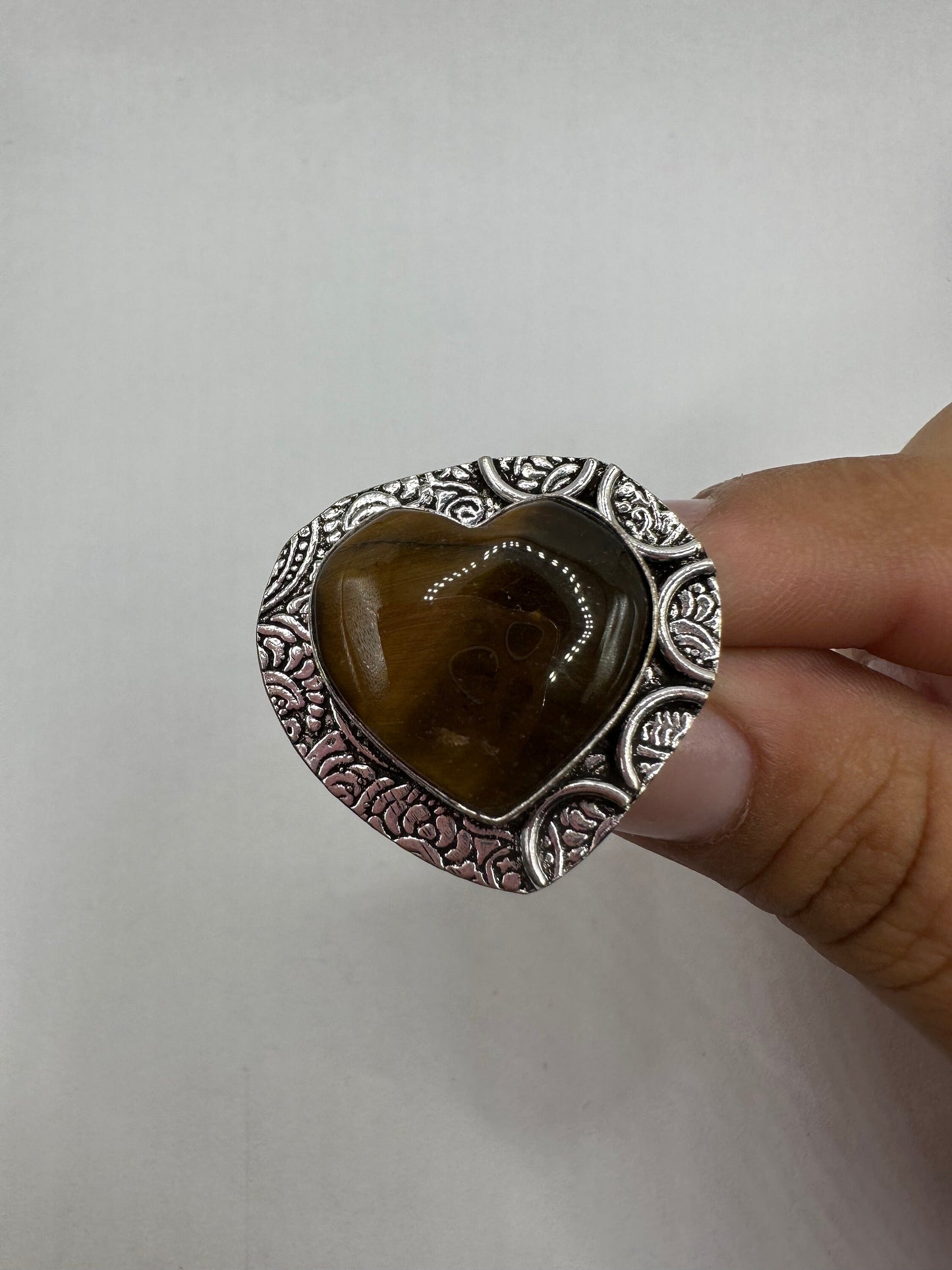 Vintage Tigers Eye Heart Silver Cocktail Ring Size 8.5