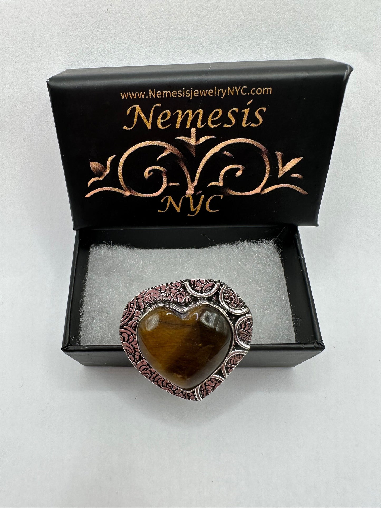 Vintage Tigers Eye Heart Silver Cocktail Ring Size 8.5