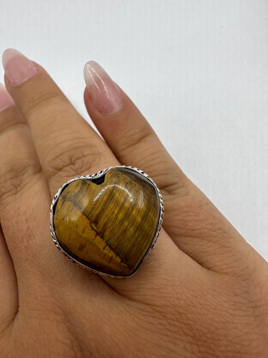 Vintage Tigers Eye Heart Silver Cocktail Ring Size 8