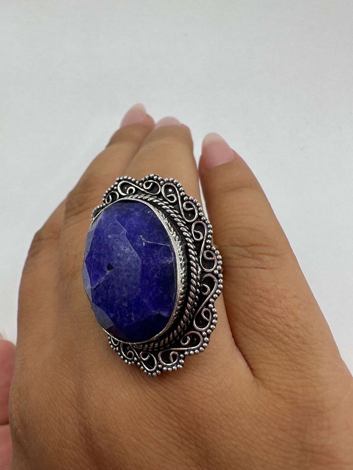 Vintage Raw Blue Sapphire White Bronze Silver Cocktail Ring