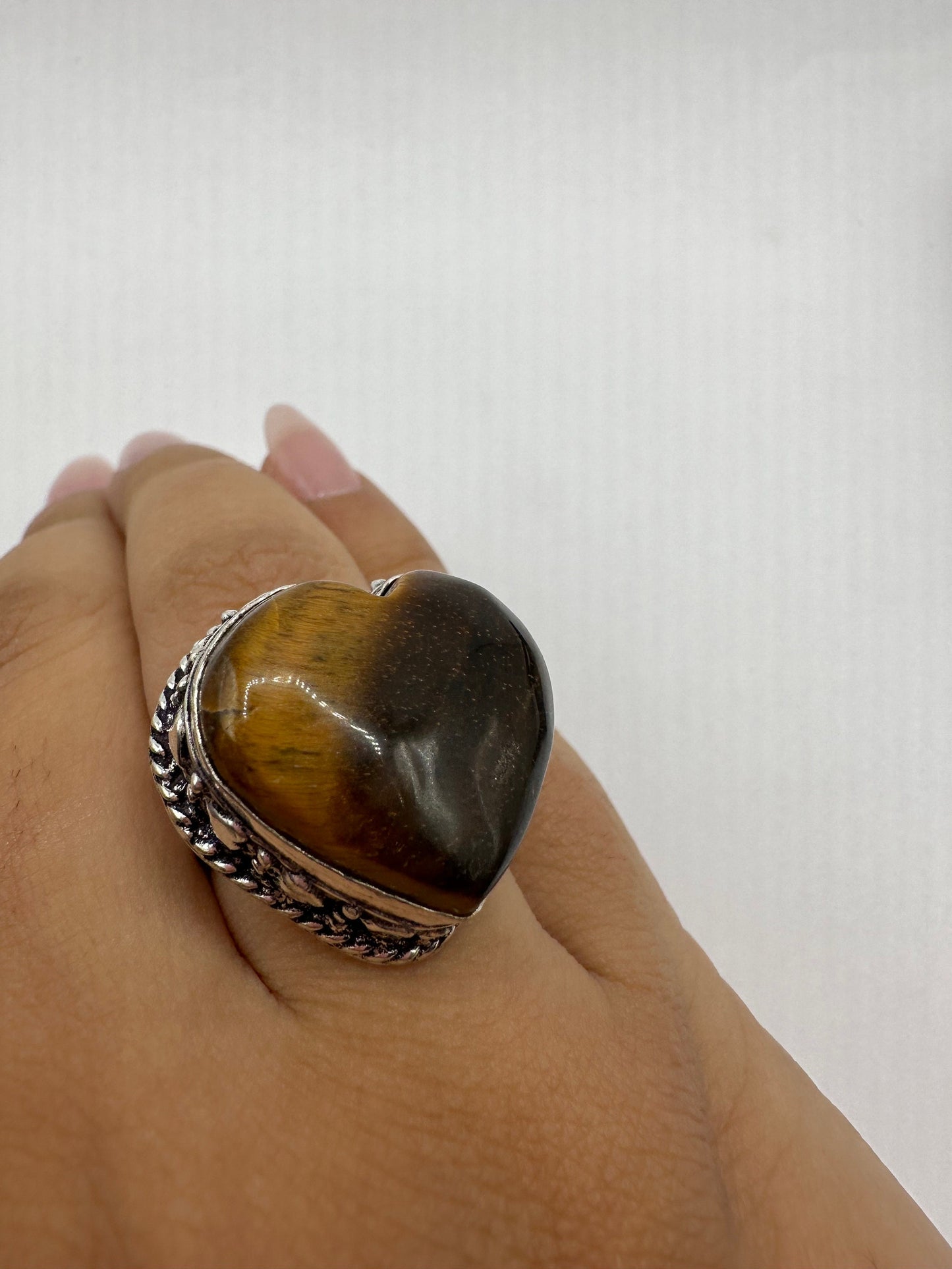 Vintage Tigers Eye Heart Silver Cocktail Ring Size 8.25