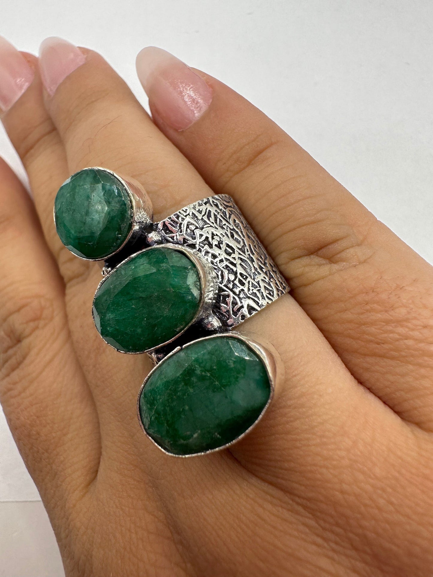 Vintage Green Raw Emerald White Bronze Statement Ring