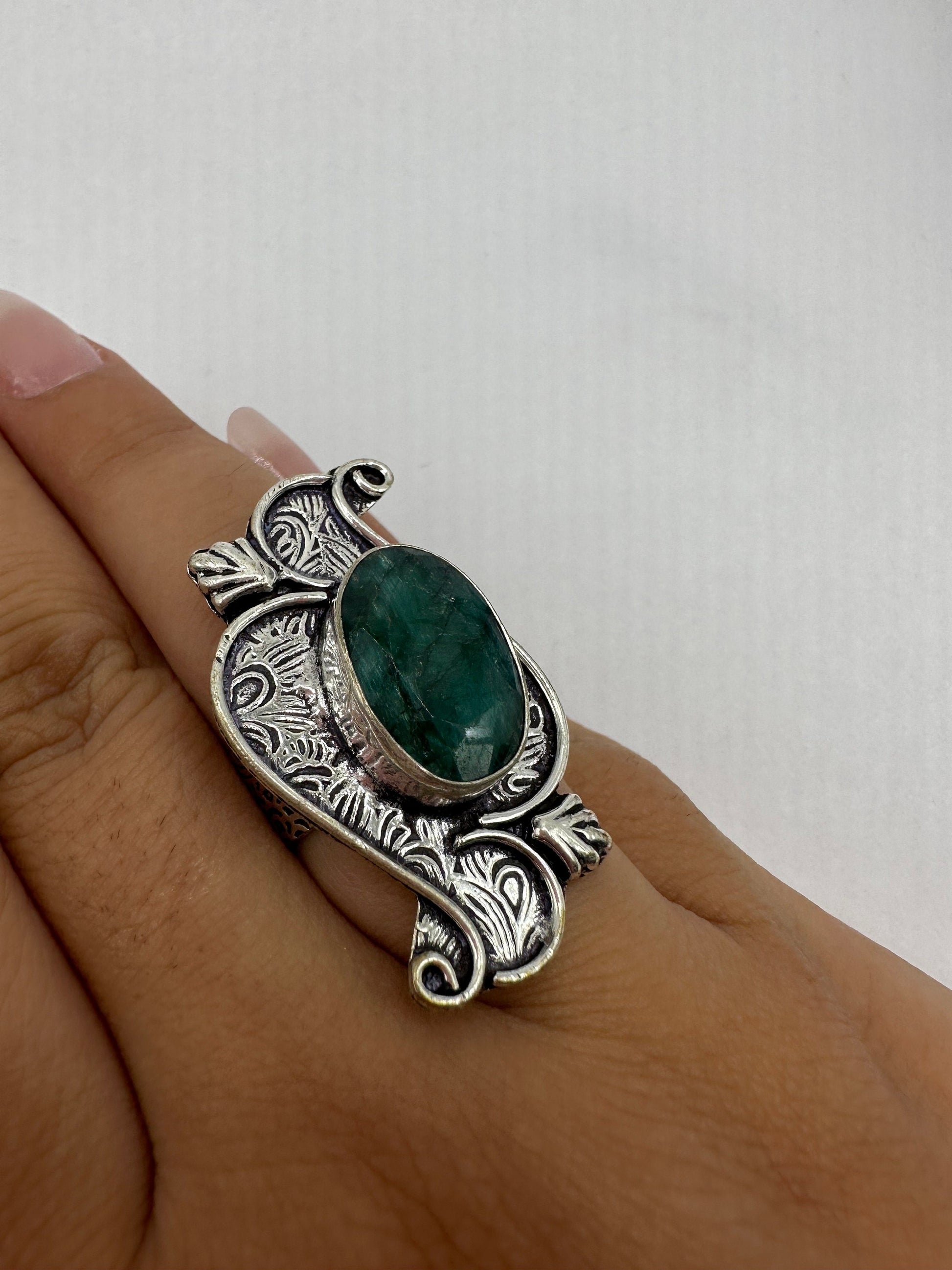 Vintage Green Raw Emerald White Bronze Statement Ring