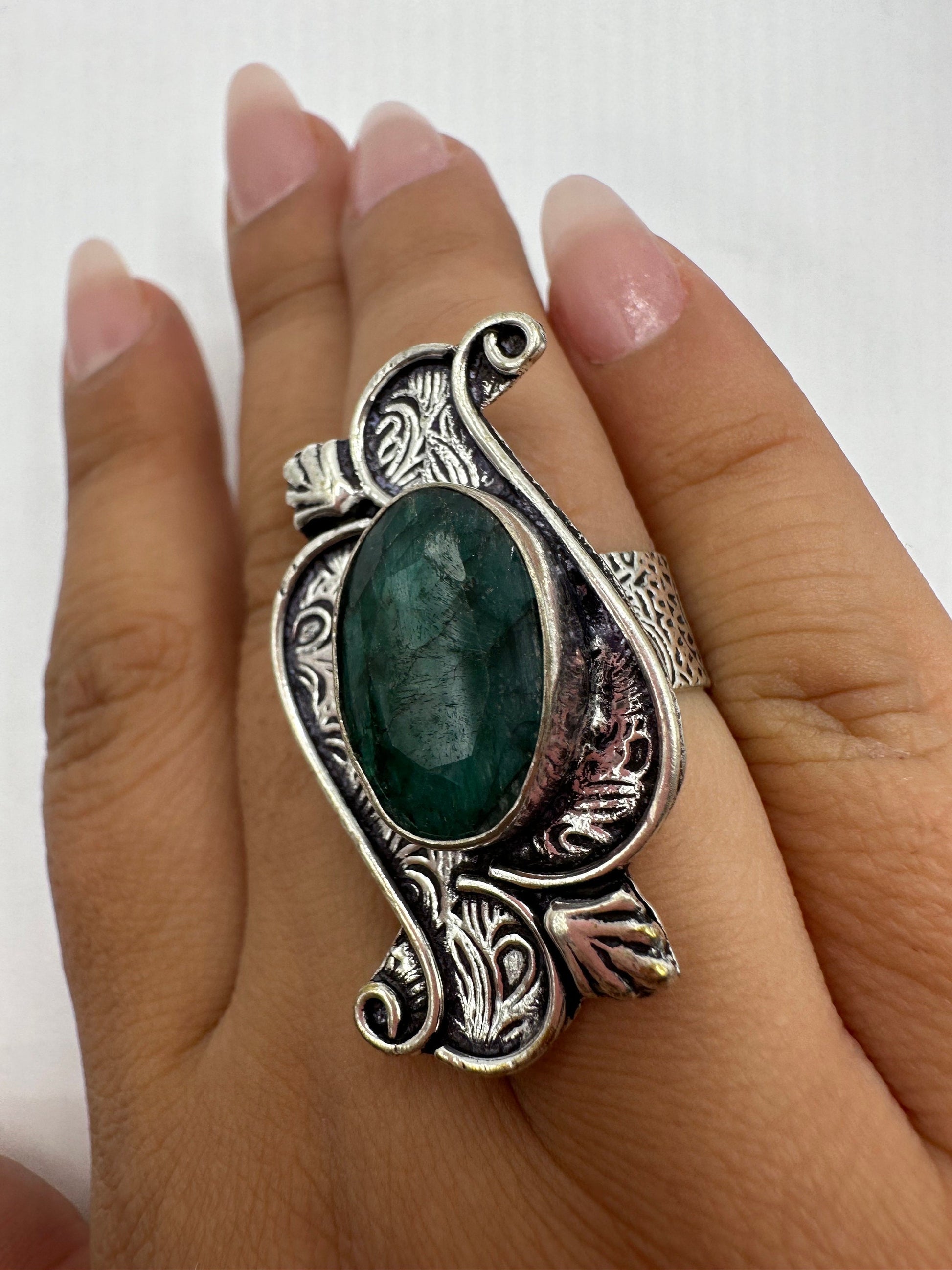 Vintage Green Raw Emerald White Bronze Statement Ring